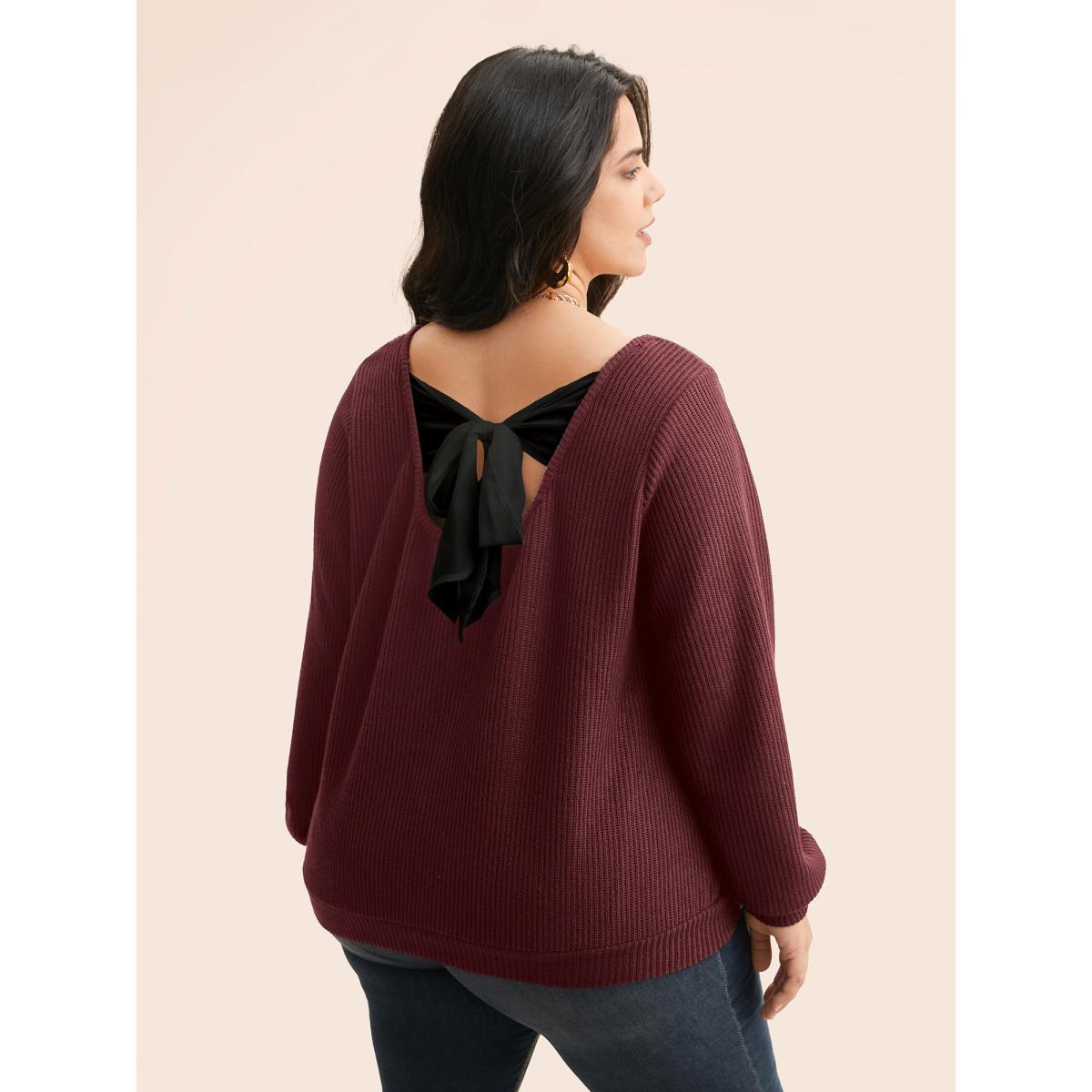 Plus Size Textured Contrast Tie Knot Sweatshirt Women Burgundy Elegant Tie knot V-neck Everyday Sweatshirts BloomChic 28/5X Product Image