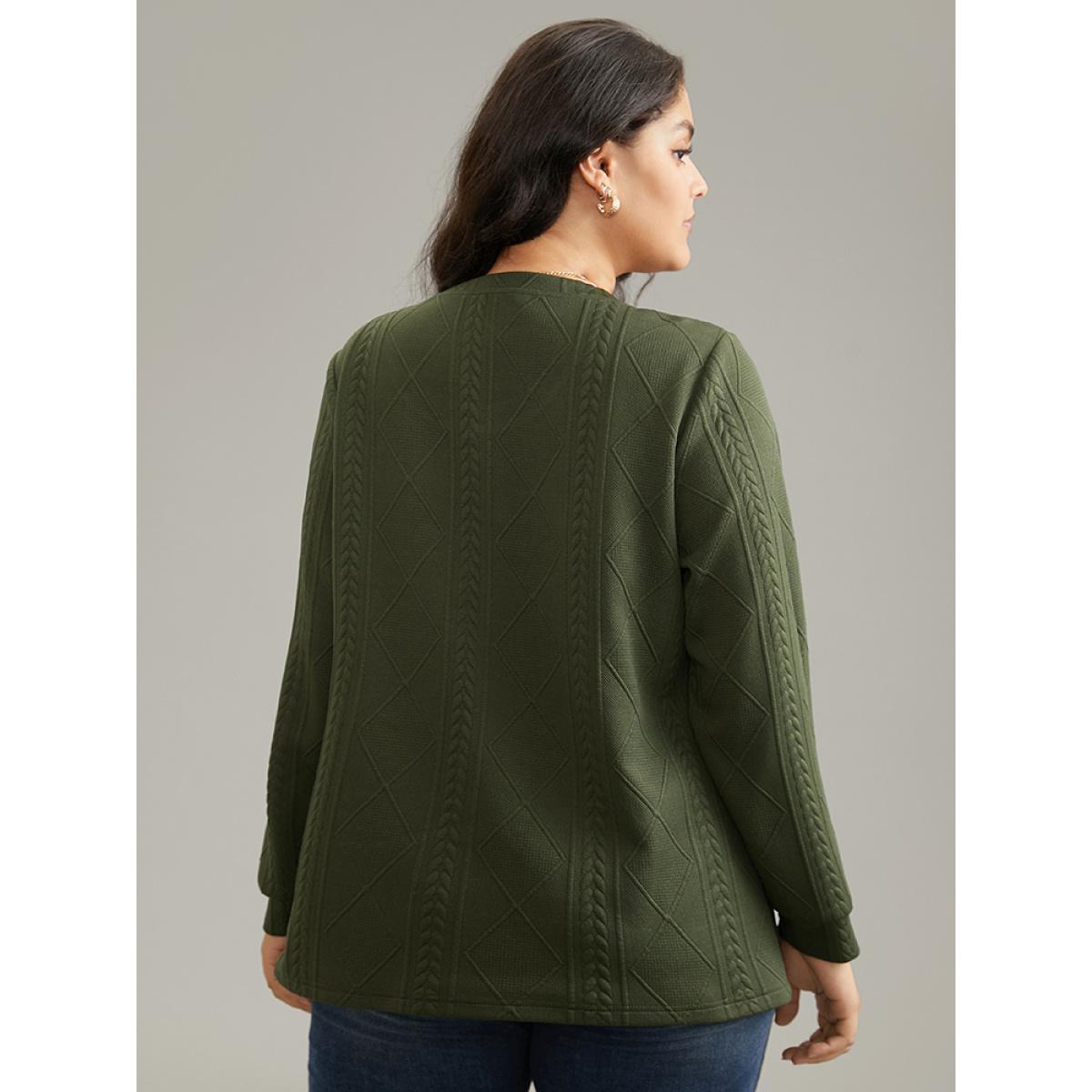 Plus Size Plain Textured Round Neck Sweatshirt Women ArmyGreen Casual Non Round Neck Everyday Sweatshirts BloomChic 18-20/2X Product Image