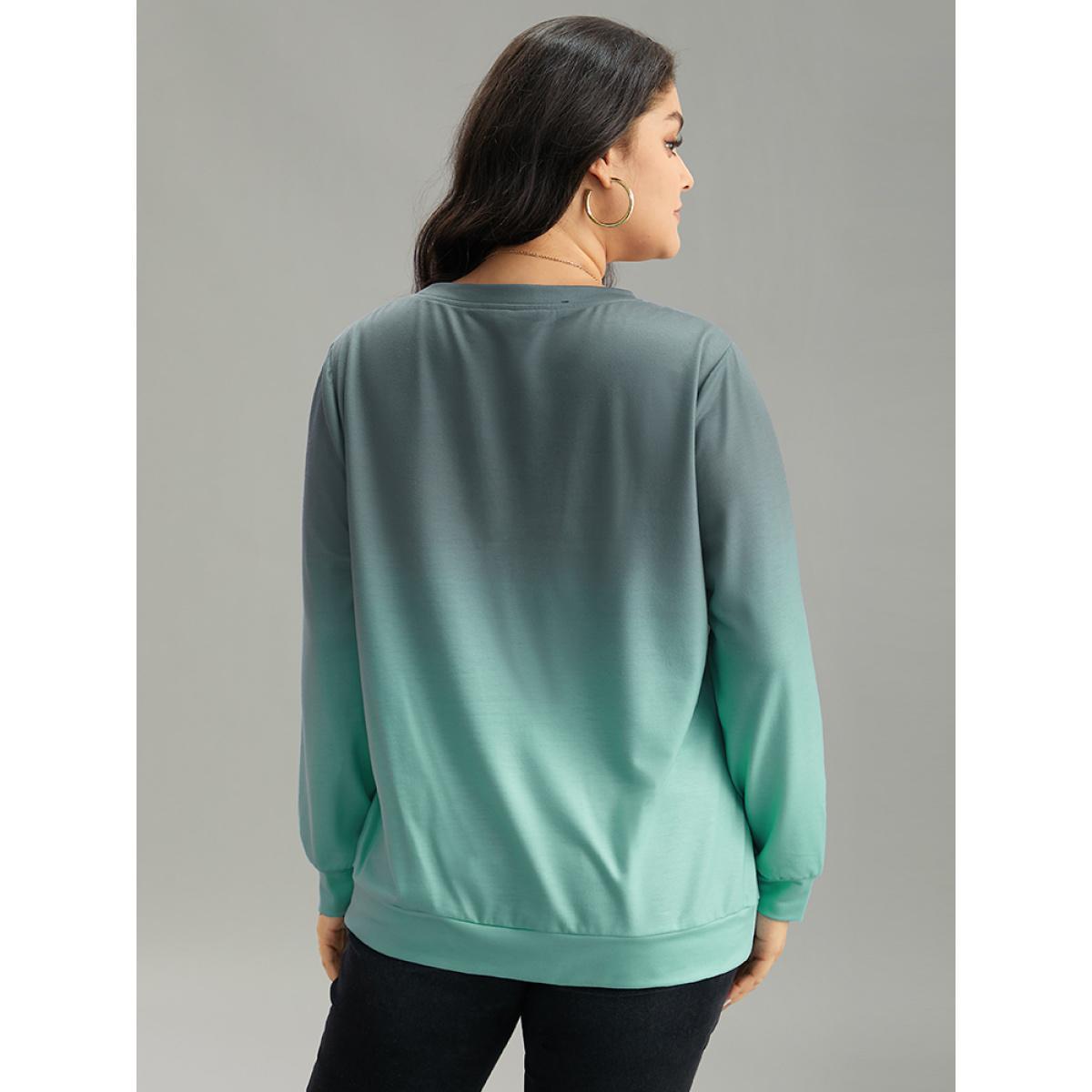 Plus Size Letter Print Ombre Crew Neck Sweatshirt Women Cyan Casual Printed Dailywear Sweatshirts BloomChic 26/4X Product Image