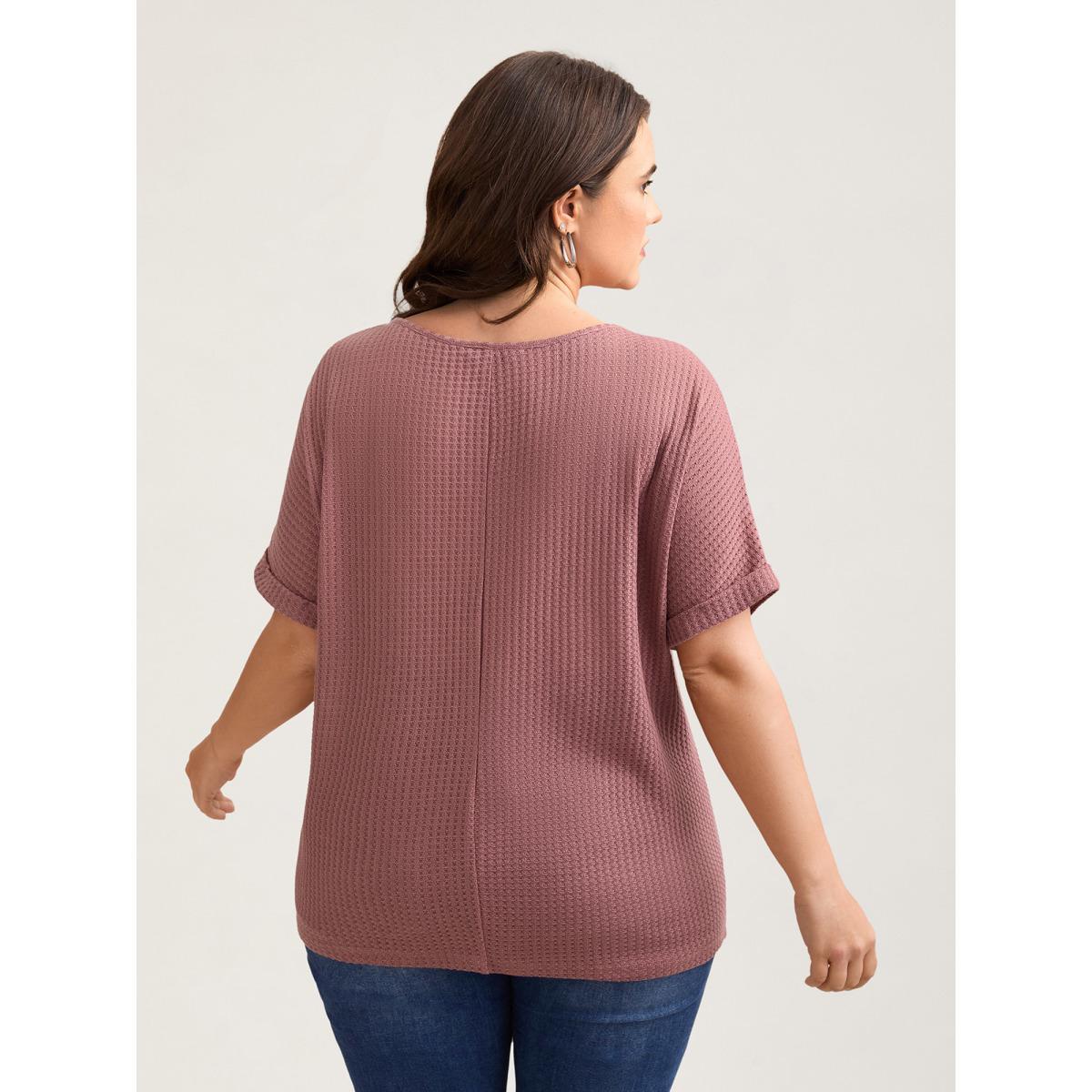 Plus Size Waffle Knit Stretchy Button Split Neck T-Shirt DustyPink Women Casual Texture Flat collar with V-notch Everyday T-shirts BloomChic 28/5X Product Image