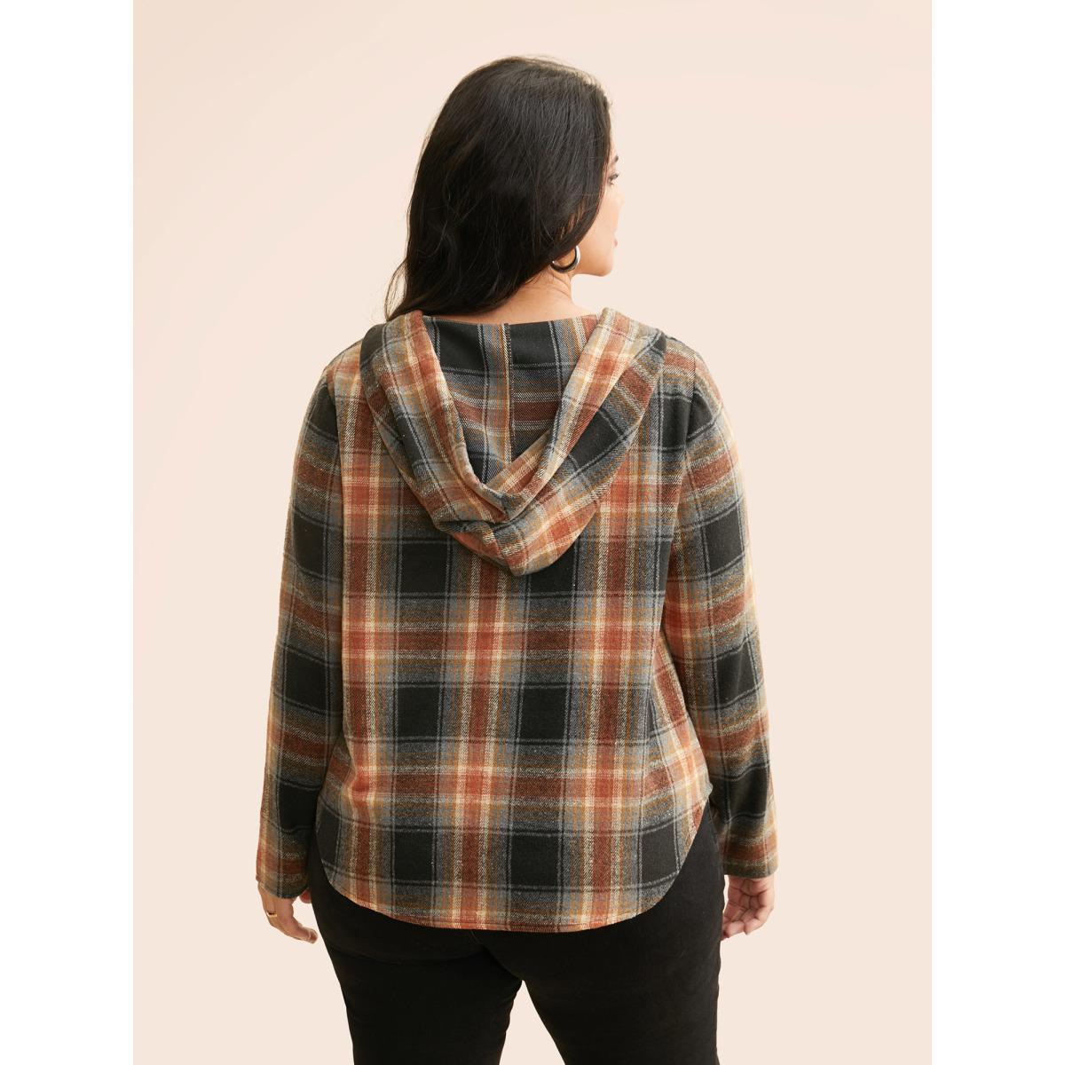 Plus Size Brushed Fabric Plaid Hooded Sweatshirt Women Black Casual Drawstring Hooded Everyday Sweatshirts BloomChic 30/6X Product Image