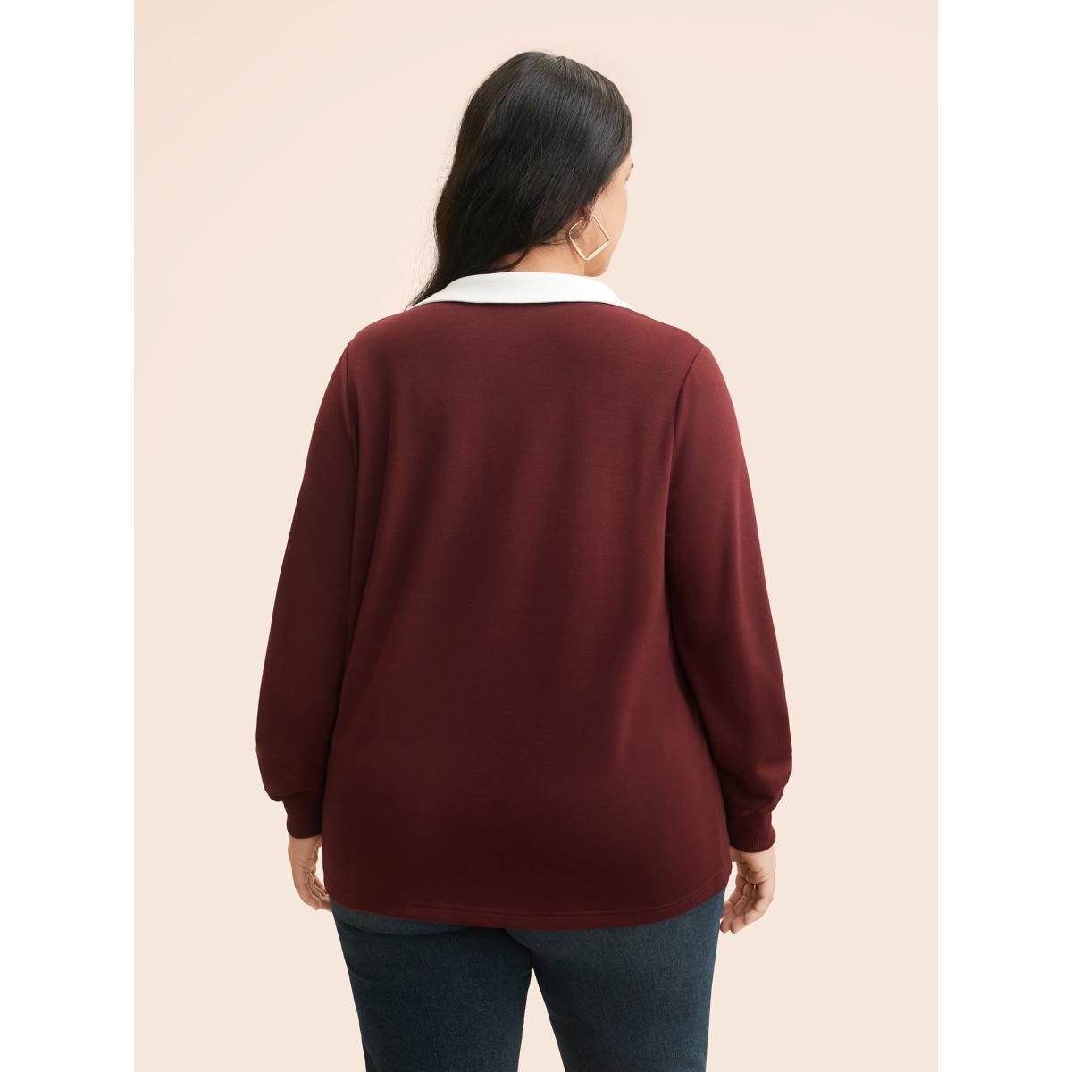 Plus Size Polo Neck Contrast Patchwork Sweatshirt Women Burgundy Casual Contrast Polo Everyday Sweatshirts BloomChic 10/M Product Image