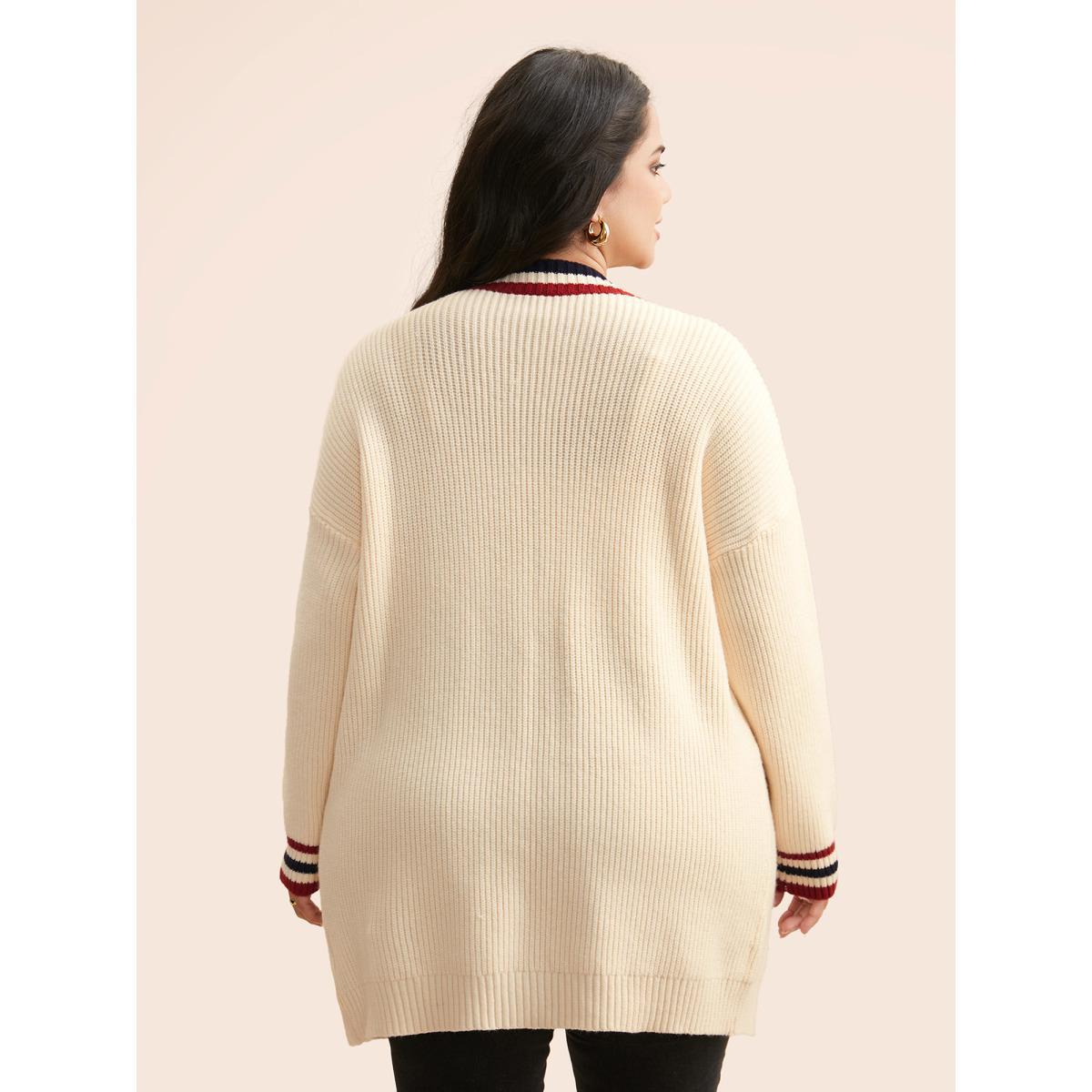 Plus Size Supersoft Essentials Contrast Striped Drop Shoulder Cardigan Beige Women Casual Loose Long Sleeve Everyday Cardigans BloomChic 28/5X Product Image