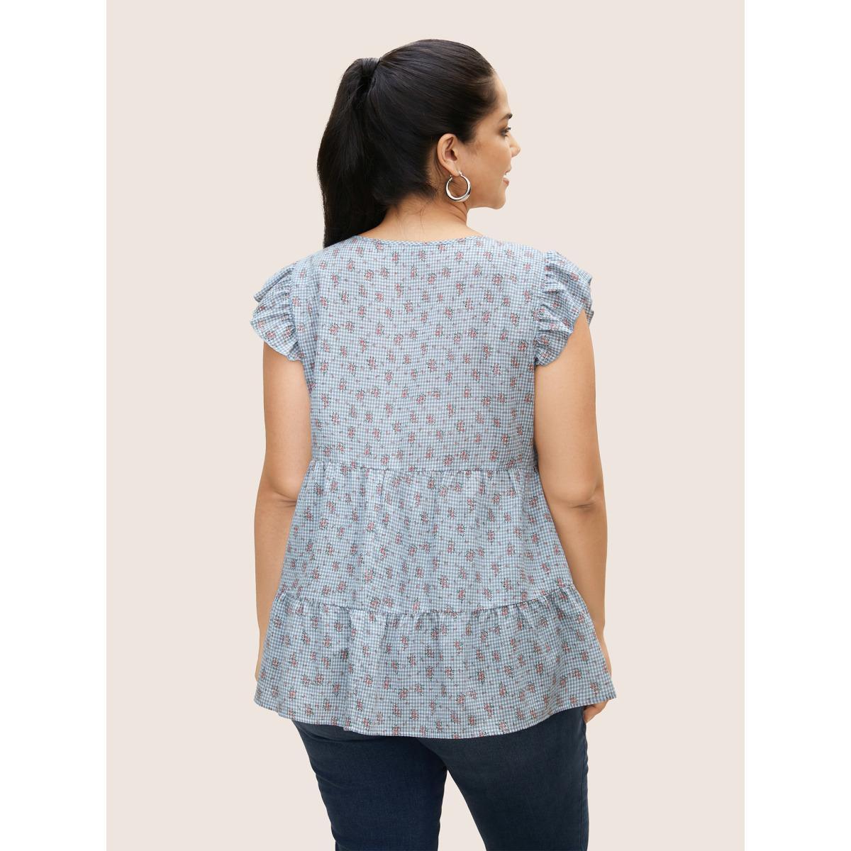 Plus Size LightBlue Gingham Ditsy Floral Ruffle Cap Sleeve Blouse Women Casual Cap Sleeve V-neck Everyday Blouses BloomChic 28/5X Product Image