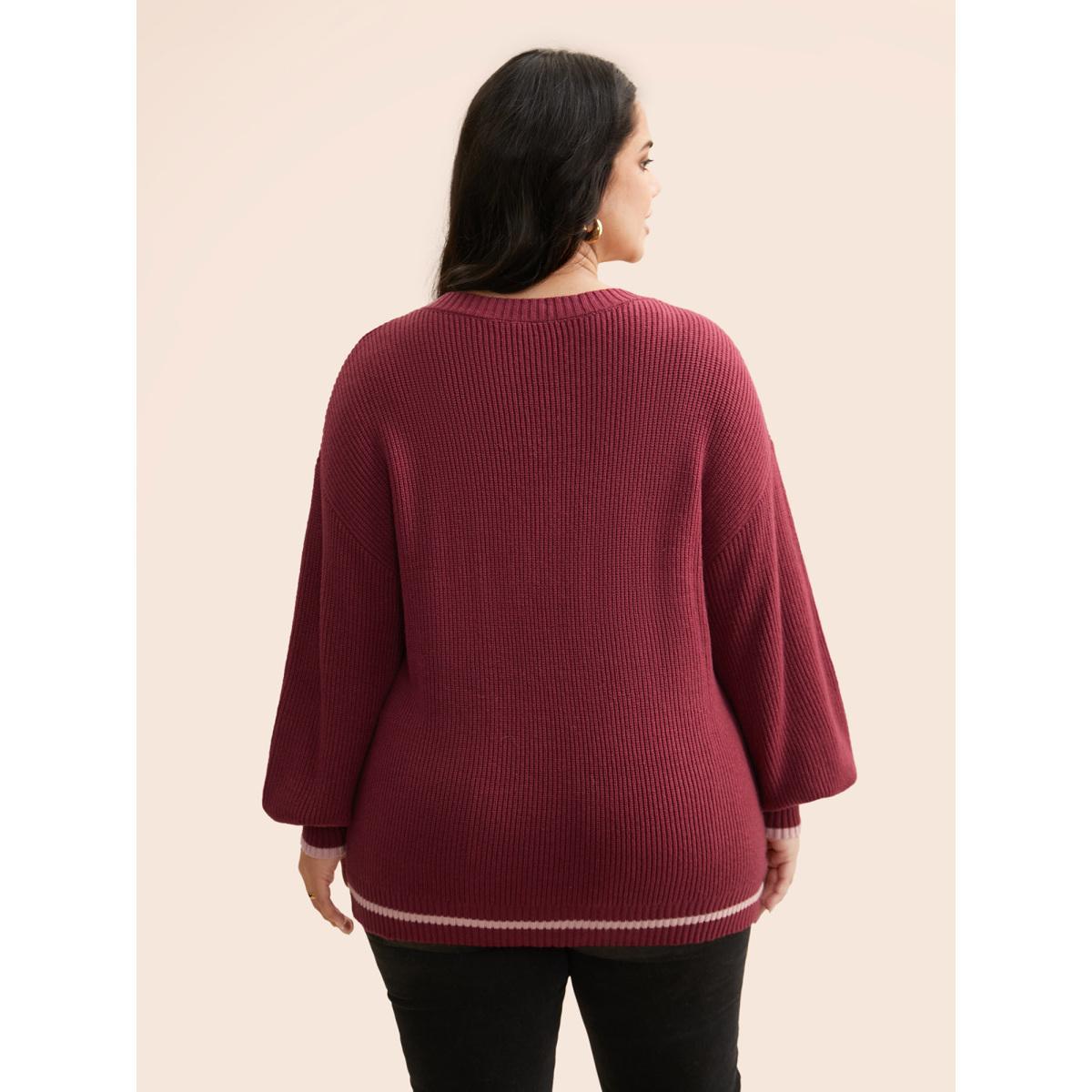 Plus Size Supersoft Essentials V Neck Contrast Trim Pullover Burgundy Women Casual Long Sleeve V-neck Everyday Pullovers BloomChic 22-24/3X Product Image
