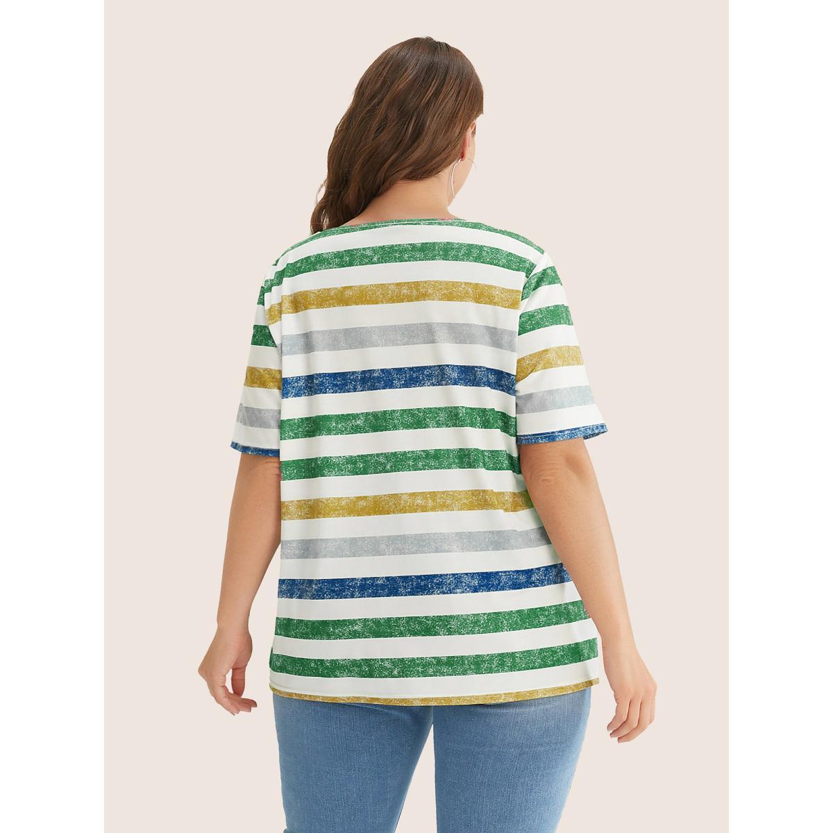 Plus Size Striped Contrast V Neck T-shirt Green Women Casual Striped V-neck Everyday T-shirts BloomChic 10/M Product Image