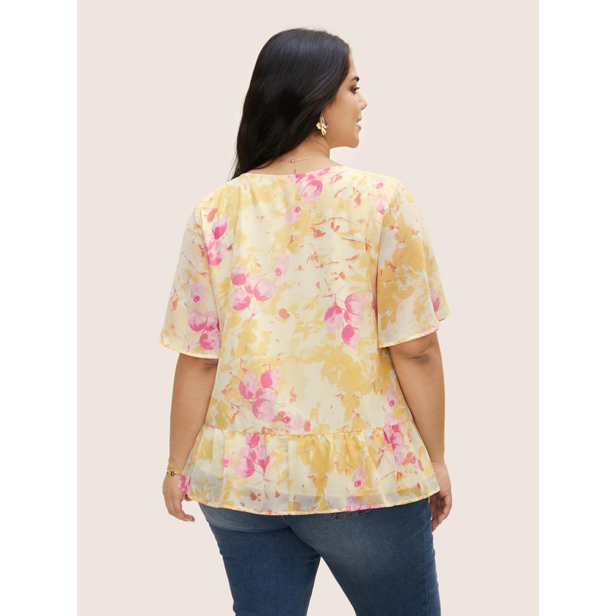 Plus Size Lightyellow Floral Flutter Sleeve Lace Up Blouse Women Elegant Half Sleeve V-neck Everyday Blouses BloomChic 14-16/1X Product Image
