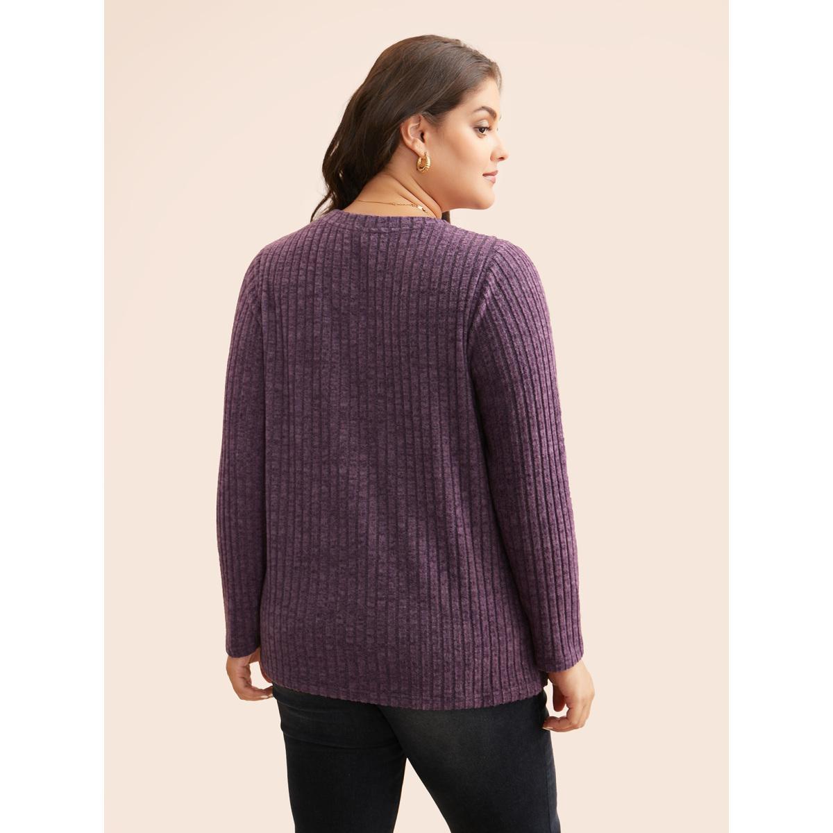 Plus Size V Neck Button Detail Rib Knit T-shirt Mauve Women Elegant Texture V-neck Everyday T-shirts BloomChic 12/L Product Image