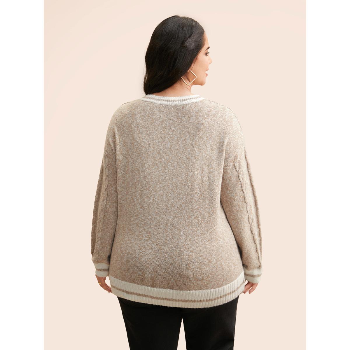 Plus Size Contrast Trim Cable Knit Pocket Cardigan Champagne Women Casual Loose Long Sleeve Everyday Cardigans BloomChic 18-20/2X Product Image