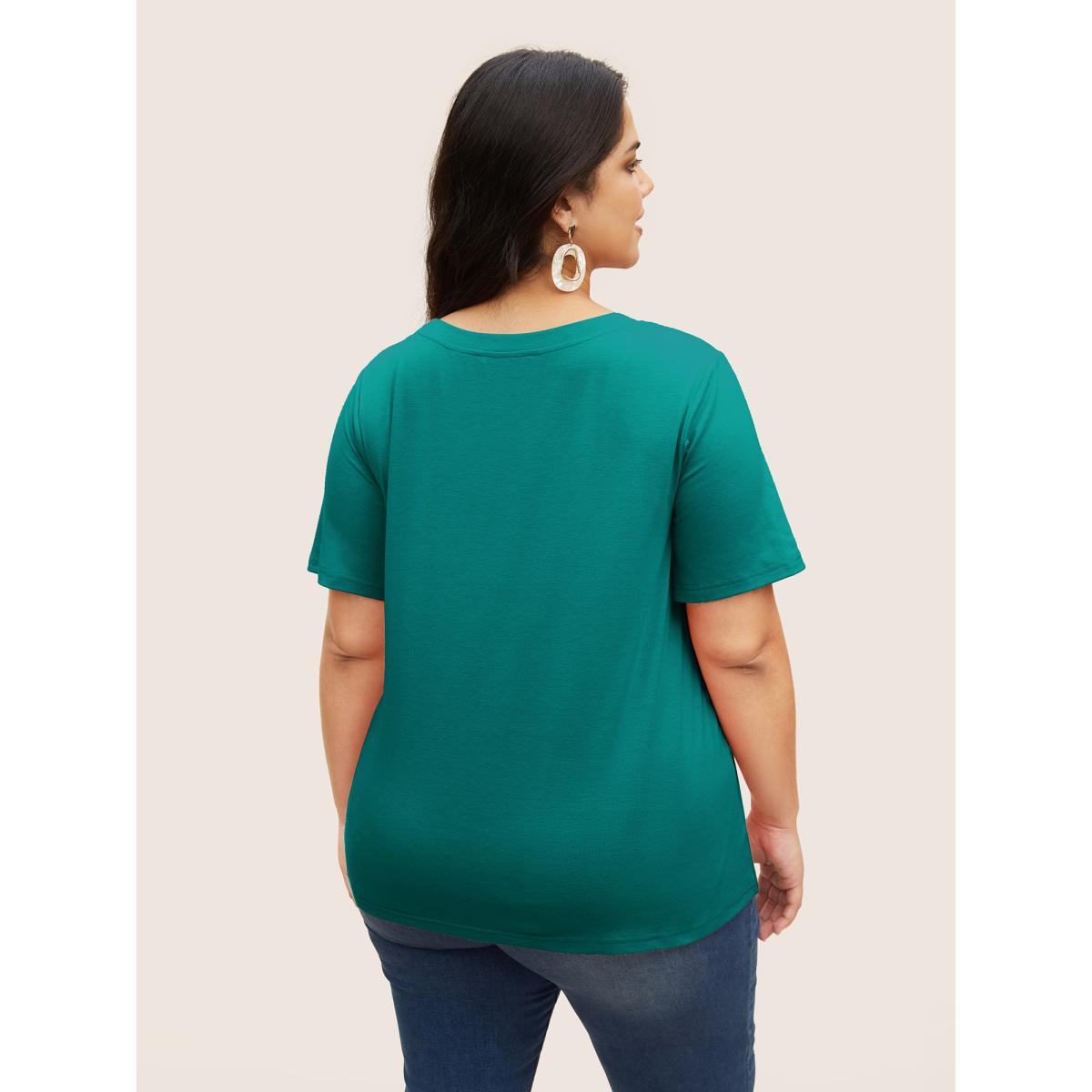 Plus Size Tropical Coconut Tree Print Round Neck T-shirt Teal Women Resort Contrast Art&design Round Neck Vacation T-shirts BloomChic 18-20/2X Product Image