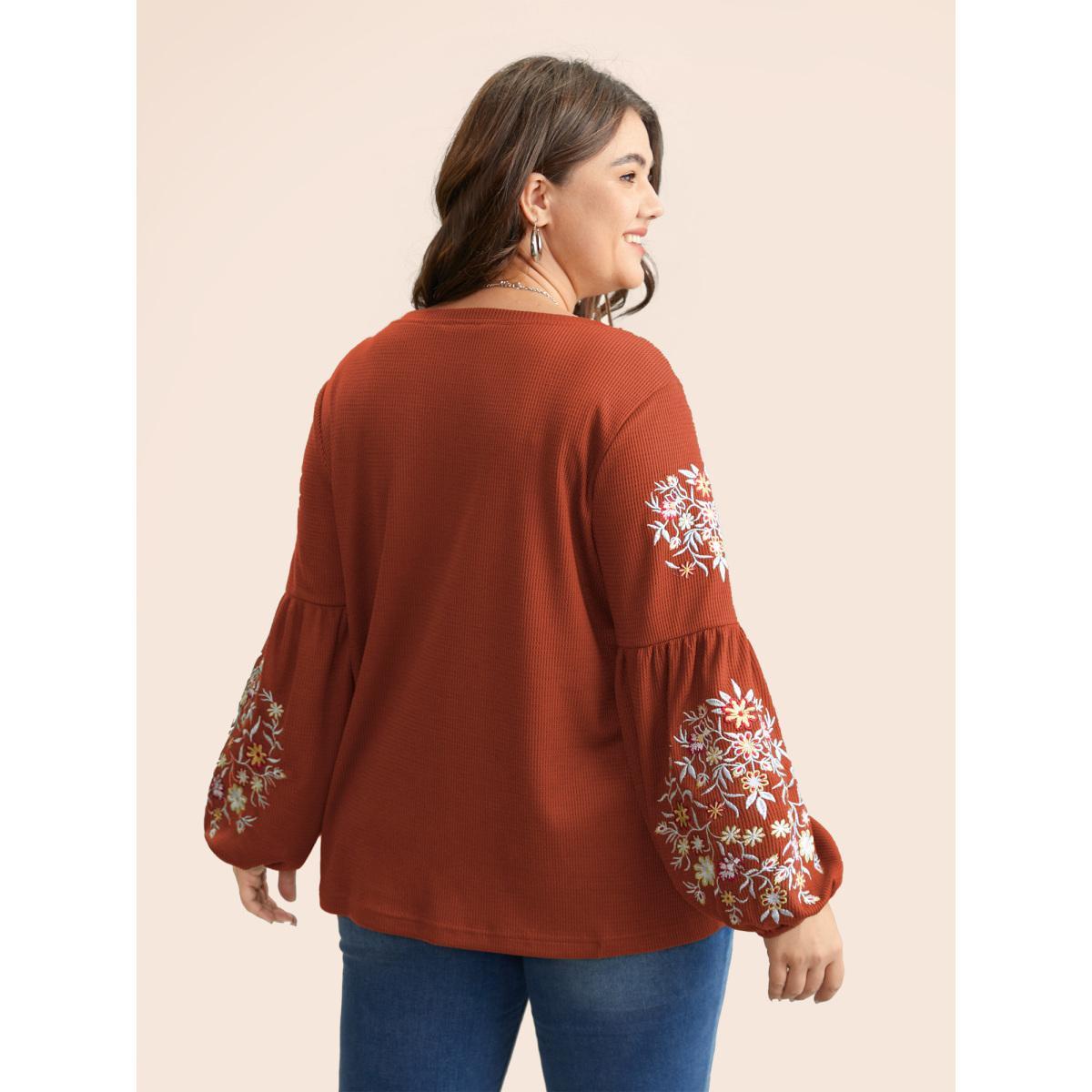 Plus Size Waffle Knit Floral Embroidered Lantern Sleeve T-shirt Rust Women Elegant Texture Floral Round Neck Everyday T-shirts BloomChic 18-20/2X Product Image