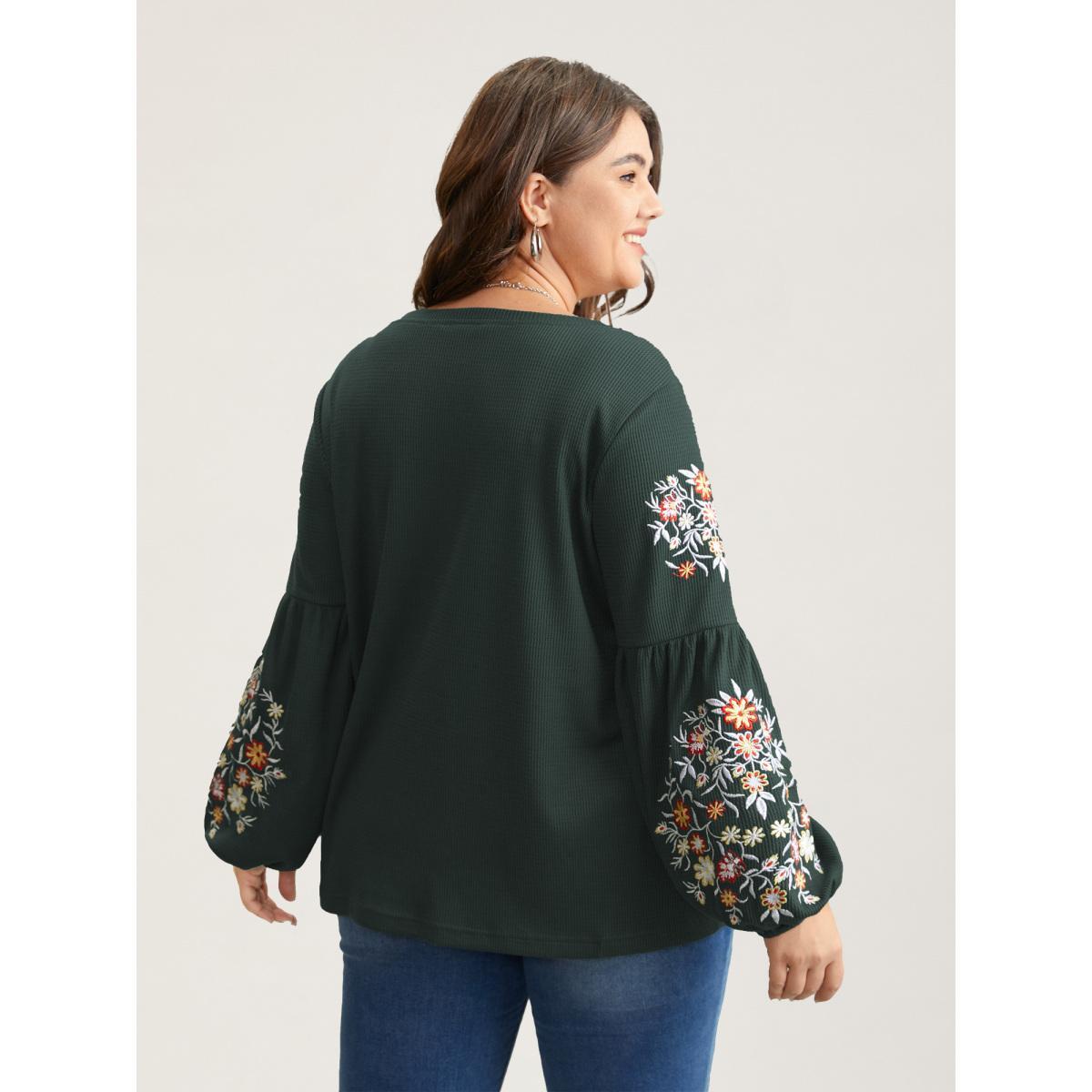 Plus Size Waffle Knit Floral Embroidered Lantern Sleeve T-shirt DarkGreen Women Elegant Texture Floral Round Neck Everyday T-shirts BloomChic 26/4X Product Image