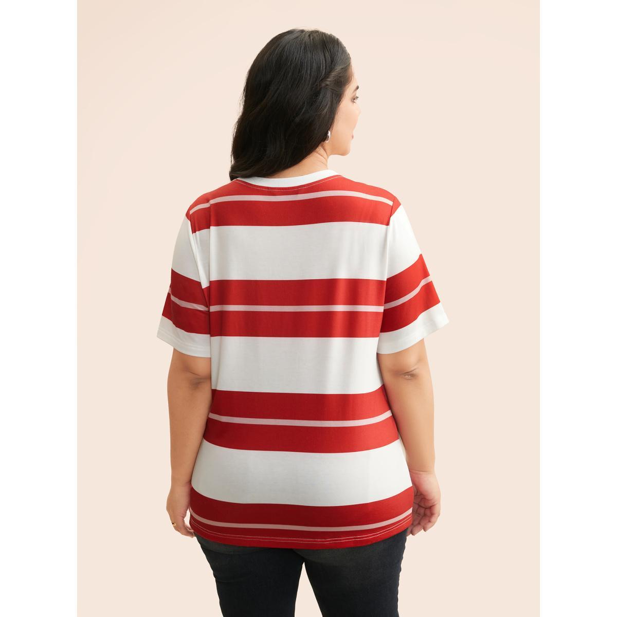 Plus Size Crew Neck Contrast Striped T-shirt Multicolor Women Casual Contrast Round Neck Everyday T-shirts BloomChic 12/L Product Image