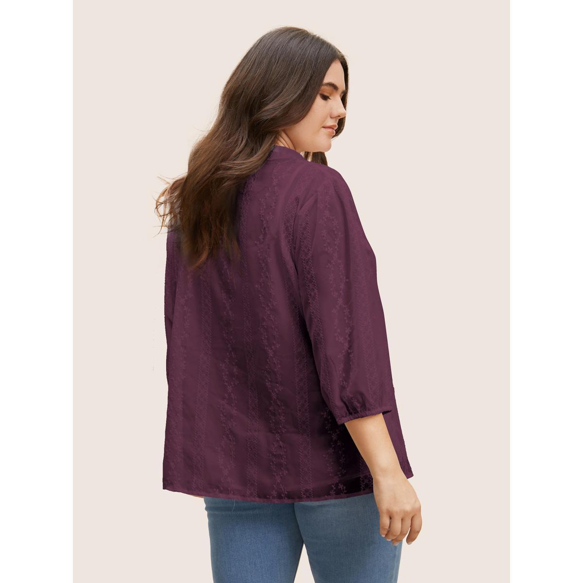 Plus Size Deeppurplered Texture Mesh Button Detail Tucked Seam Blouse Women Elegant Elbow-length sleeve V-neck Everyday Blouses BloomChic 12/L Product Image