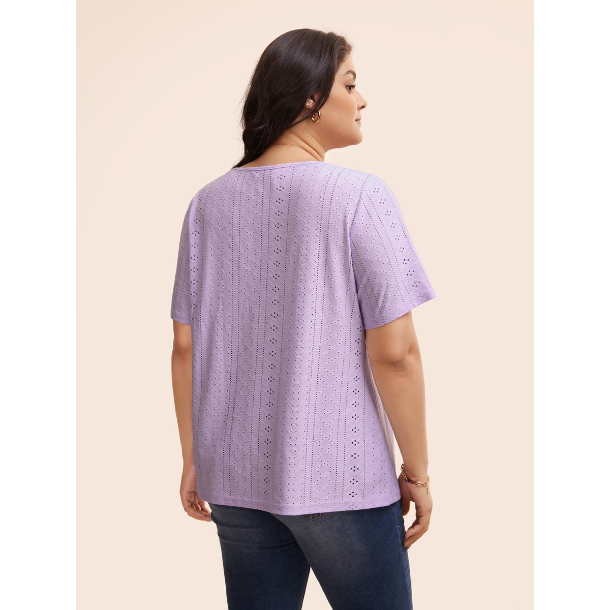 Plus Size Solid Round Neck Broderie Anglaise T-shirt Lavender Women Elegant Woven ribbon&lace trim Round Neck Everyday T-shirts BloomChic 26/4X Product Image
