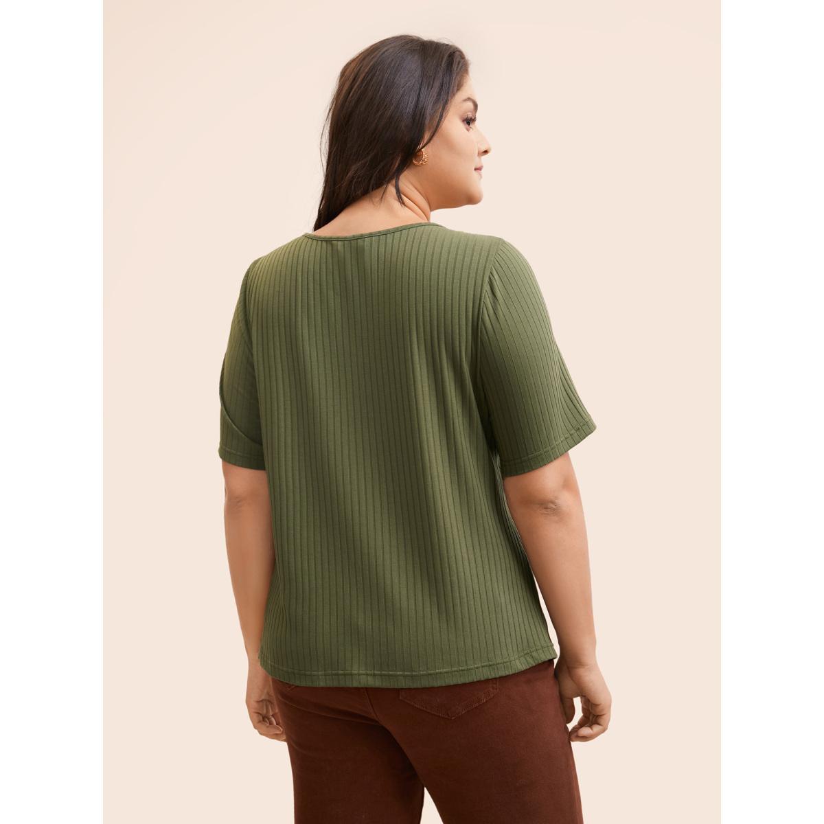 Plus Size U Neck Pit Strip Button Detail T-shirt ArmyGreen Women Elegant Texture U-neck Bodycon Everyday T-shirts BloomChic 10/M Product Image