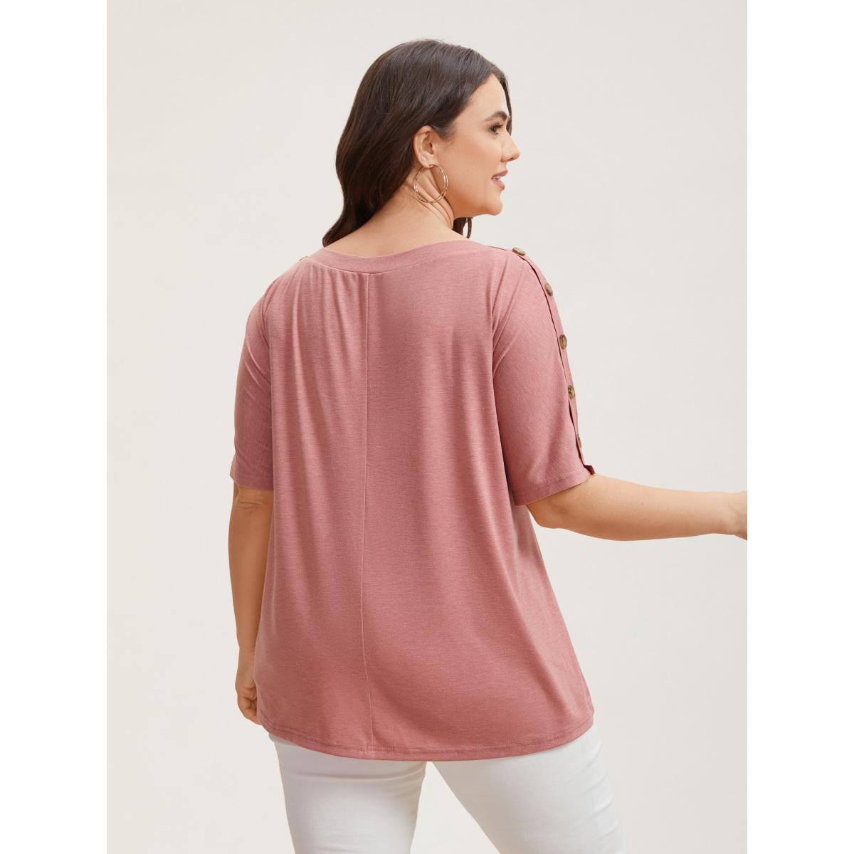 Plus Size Decorative Buttons Half-Sleeve Plain T-Shirt Rouge Women Casual Button Boat Neck Everyday T-shirts BloomChic 18-20/2X Product Image