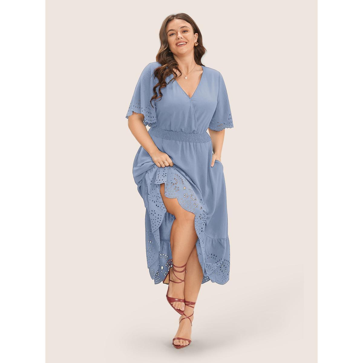 Plus Size Solid Laser Cut Shirred Pocket Wrap Scalloped Trim Flutter Dress LightBlue Women Elegant Non V-neck Short sleeve Curvy Midi Dress BloomChic 14-16/1X Product Image