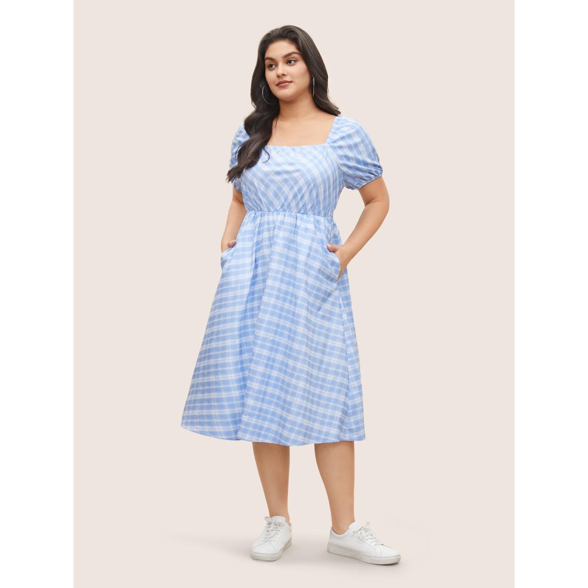 Plus Size Plaid Square Neck Gathered Shirred Dress LightBlue Women Casual Non Square Neck Short sleeve Curvy Midi Dress BloomChic 26/4X Product Image