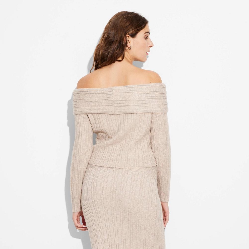 Women's Sweater Top - Wild Fable™ Beige XXS: Off Shoulder, Long Sleeve, Ribbed Cuff, Pullover Style Product Image