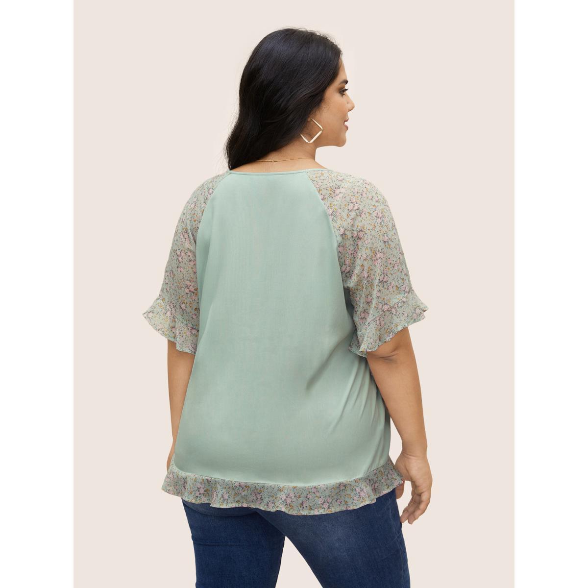 Plus Size Mint Ditsy Floral Patchwork Ties Flutter Sleeve Blouse Women Elegant Short sleeve V-neck Everyday Blouses BloomChic 22-24/3X Product Image
