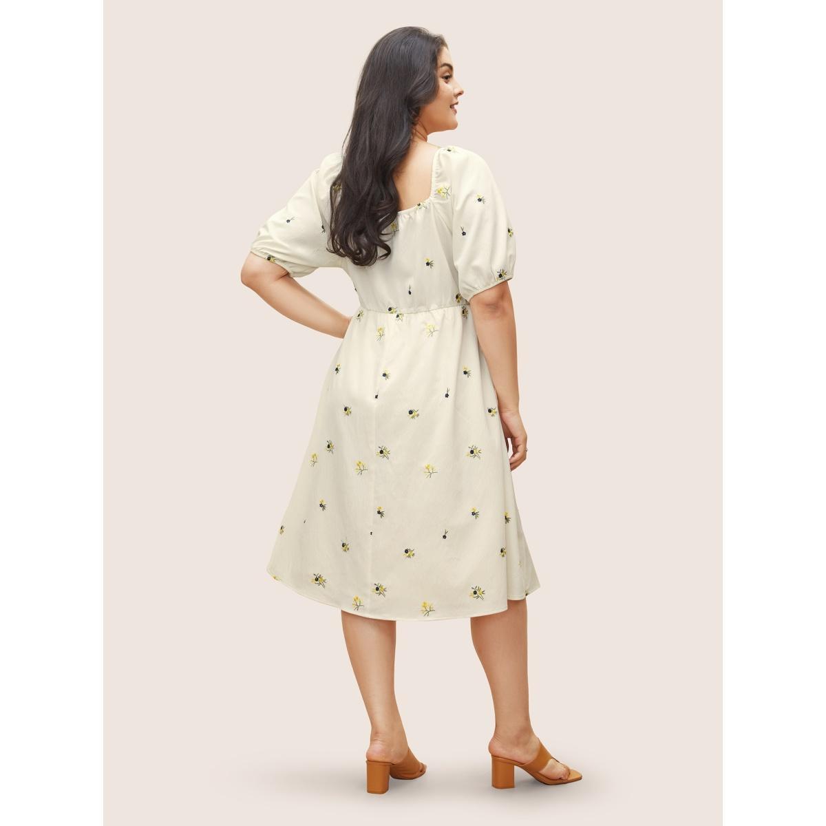 Plus Size Ditsy Floral Embroidered Square Neck Elastic Cuffs Dress Apricot Women Elegant Non Square Neck Short sleeve Curvy Midi Dress BloomChic 22-24/3X Product Image