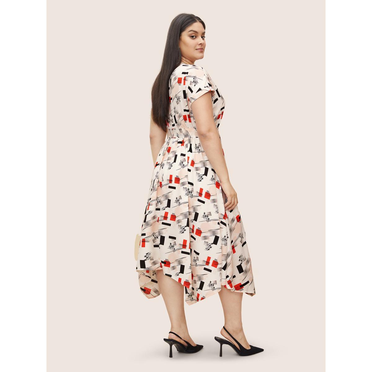 Plus Size Geometric Flat Collar With V Notch Batwing Sleeve Dress Multicolor Women At the Office Belted Flat collar with V-notch Short sleeve Curvy Midi Dress BloomChic 14-16/1X Product Image