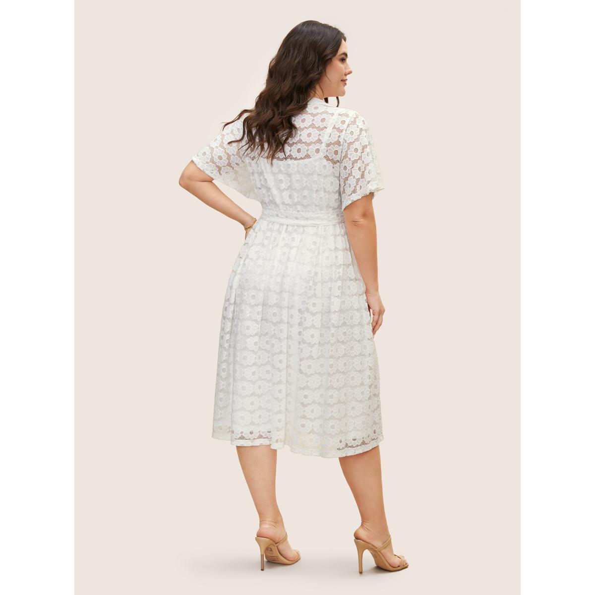 Plus Size Crochet Lace Mesh Belted Midi Dress Opticwhite Women Elegant V-neck Short sleeve Curvy BloomChic 22-24/3X Product Image