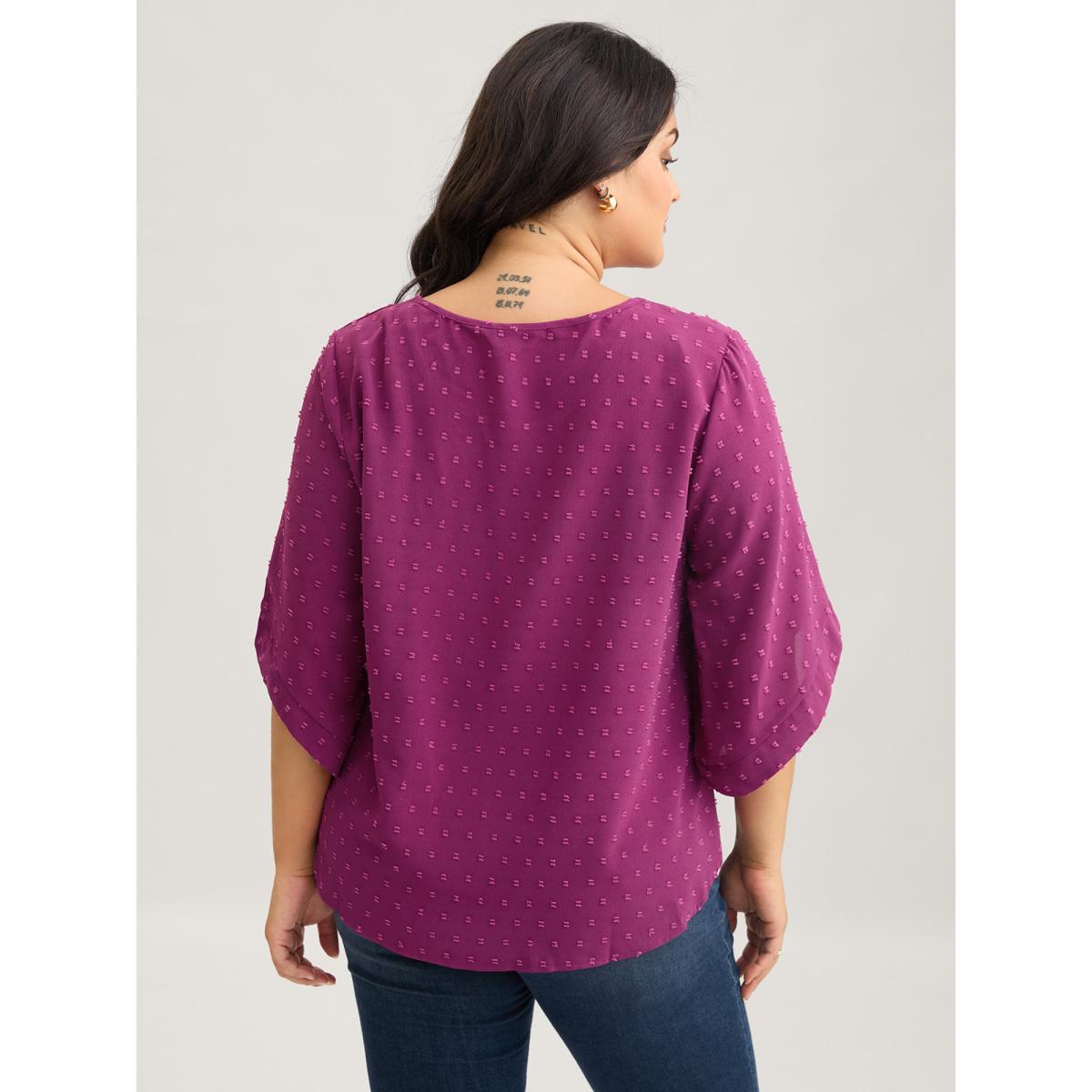 Plus Size RedViolet Textured Round Neck Bell Sleeve Blouse Women Elegant Elbow-length sleeve Round Neck Everyday Blouses BloomChic 26/4X Product Image