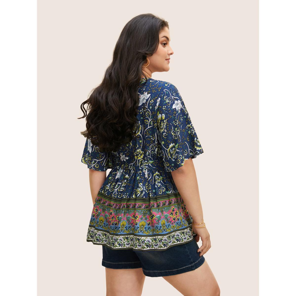 Plus Size Indigo Floral Print Ruffles Belted Blouse Women Resort Half Sleeve V-neck Vacation Blouses BloomChic 18-20/2X Product Image