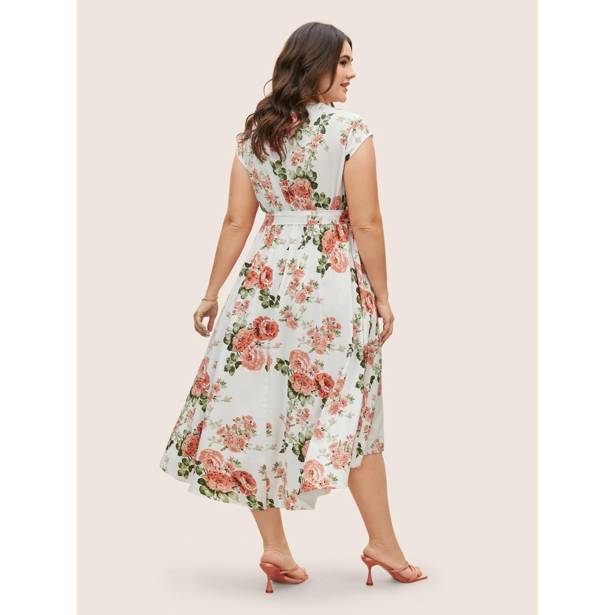 Plus Size Surplice Neck Floral Cap Sleeve Dress Ivory Women Elegant Texture V-neck Cap Sleeve Curvy BloomChic 22-24/3X Product Image