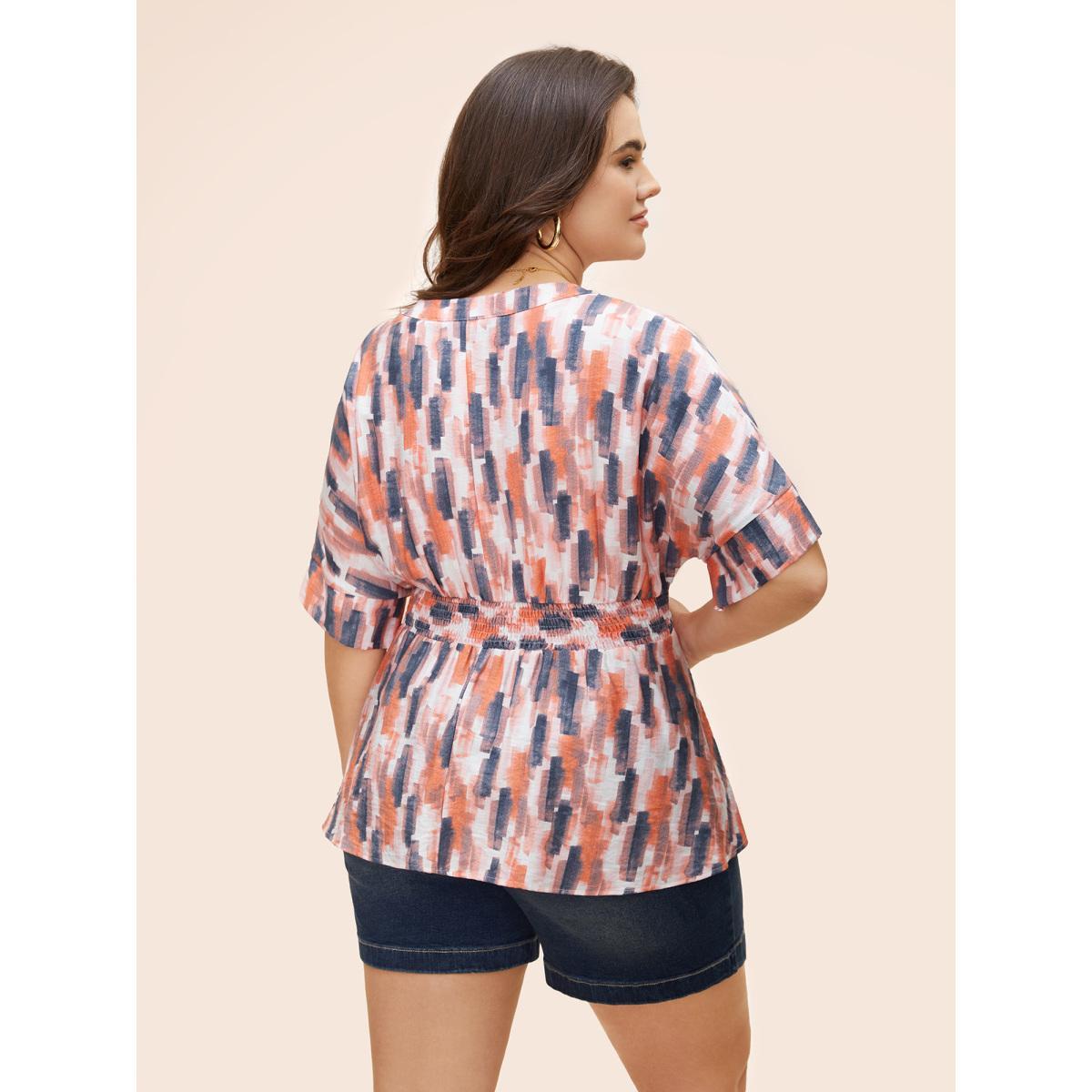 Plus Size OrangeRed Brush Print Shirred Split Neck Blouse Women Casual Half Sleeve Flat collar with V-notch Everyday Blouses BloomChic 12/L Product Image