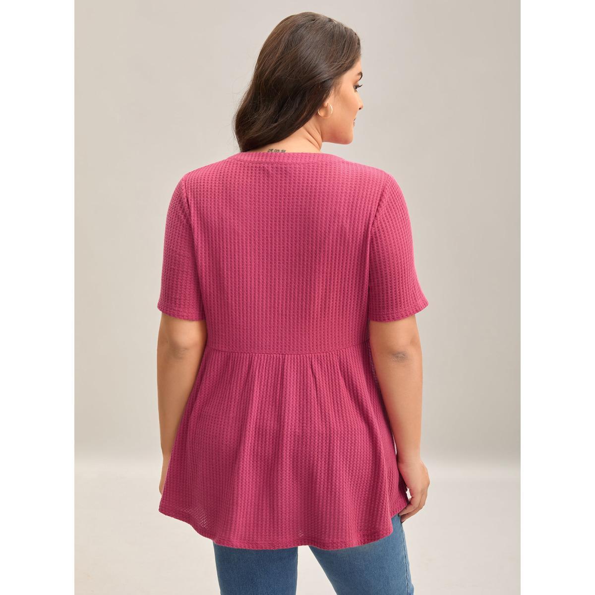 Plus Size Textured Notched Neck Button Plain T-Shirt Peach Women Casual Texture Notched collar Bodycon Everyday T-shirts BloomChic 30/6X Product Image