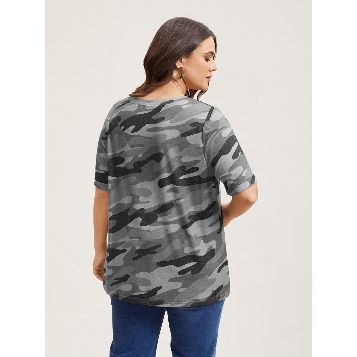 Plus Size Camouflage Print V-Neck Curvy T-Shirt DarkGray Women Elegant Roll Hem V-neck Everyday T-shirts BloomChic 22-24/3X Product Image