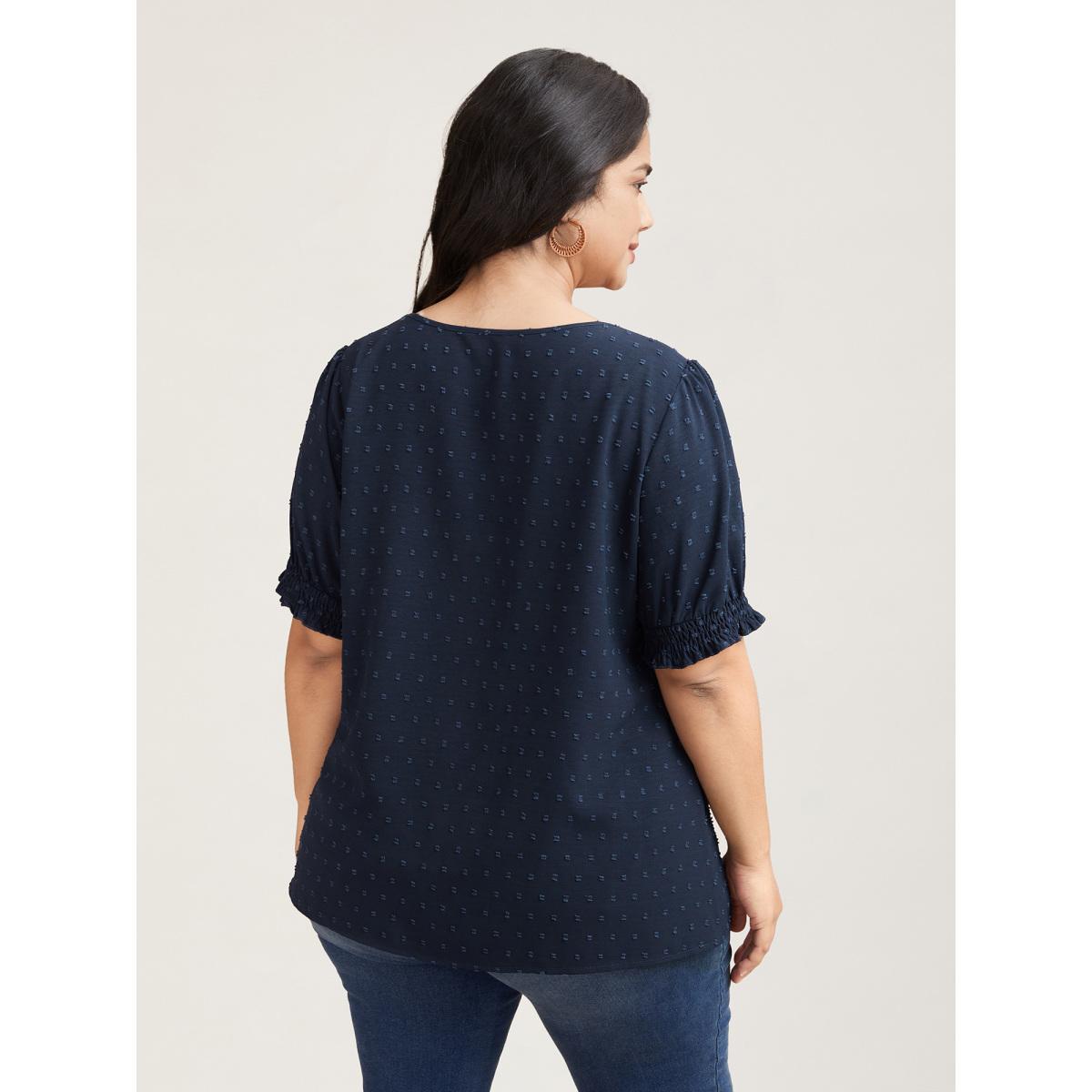 Plus Size Indigo Shirred Puff Sleeve Neck-Tie Shirt Women Resort Short sleeve Round Neck Vacation Blouses BloomChic 26/4X Product Image