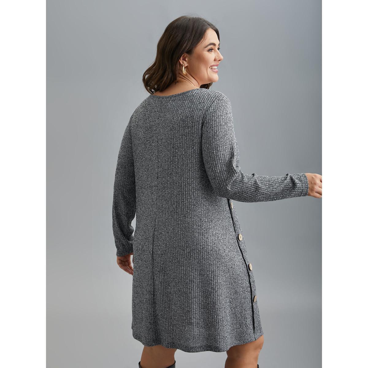 Plus Size Crew Neck HeatherRibbed Knit Dress DimGray Women Casual Button Knit Dresses Bloomchic 22-24/3X Product Image