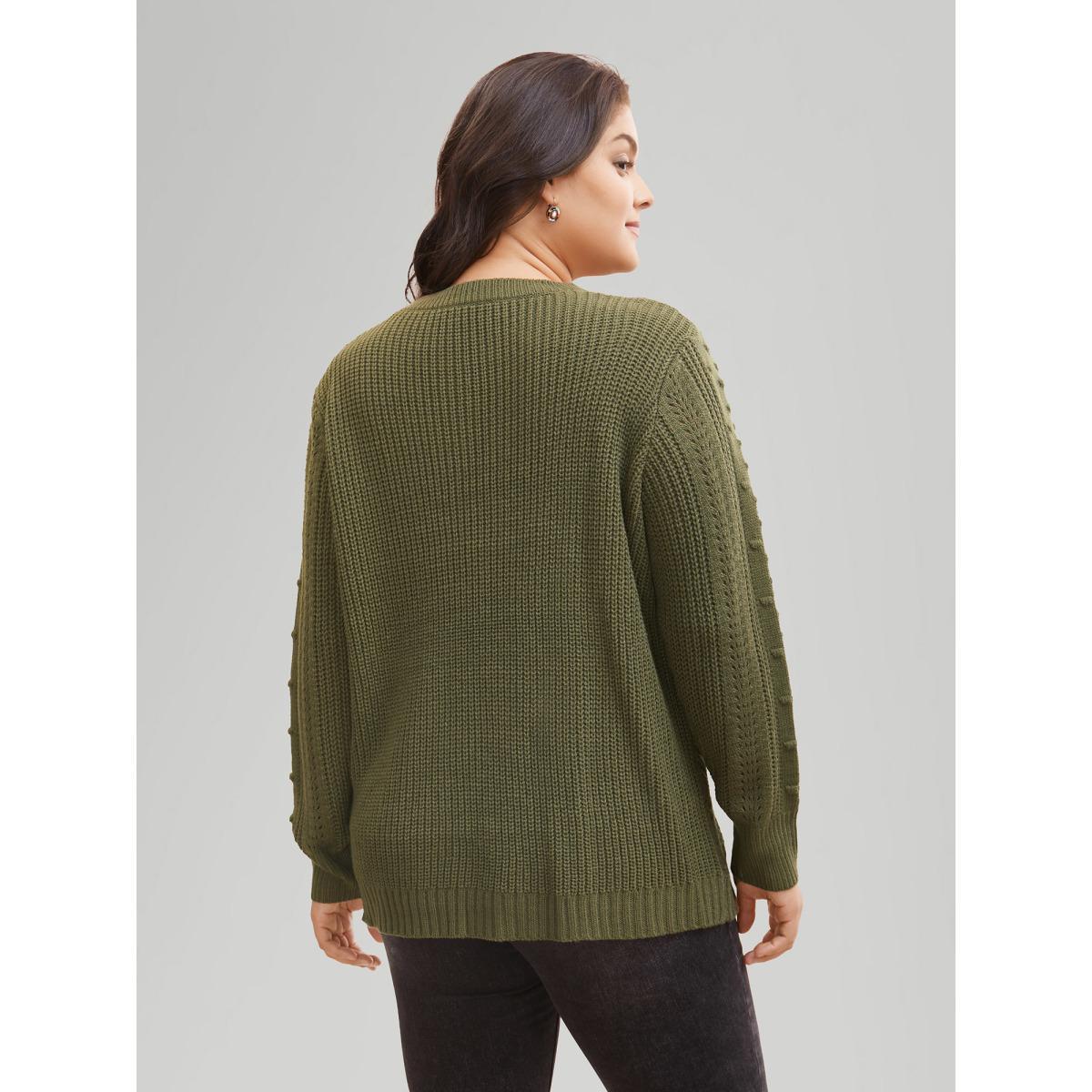 Plus Size Solid Round Neck Cable Knit Pullover ArmyGreen Women Casual Long Sleeve Round Neck Everyday Pullovers BloomChic 18-20/2X Product Image