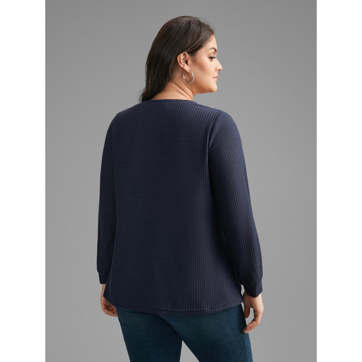 Plus Size Natural Flowers Patchwork Woven Ribbon T-shirt Indigo Women Casual Woven ribbon&lace trim Round Neck Everyday T-shirts BloomChic 14-16/1X Product Image