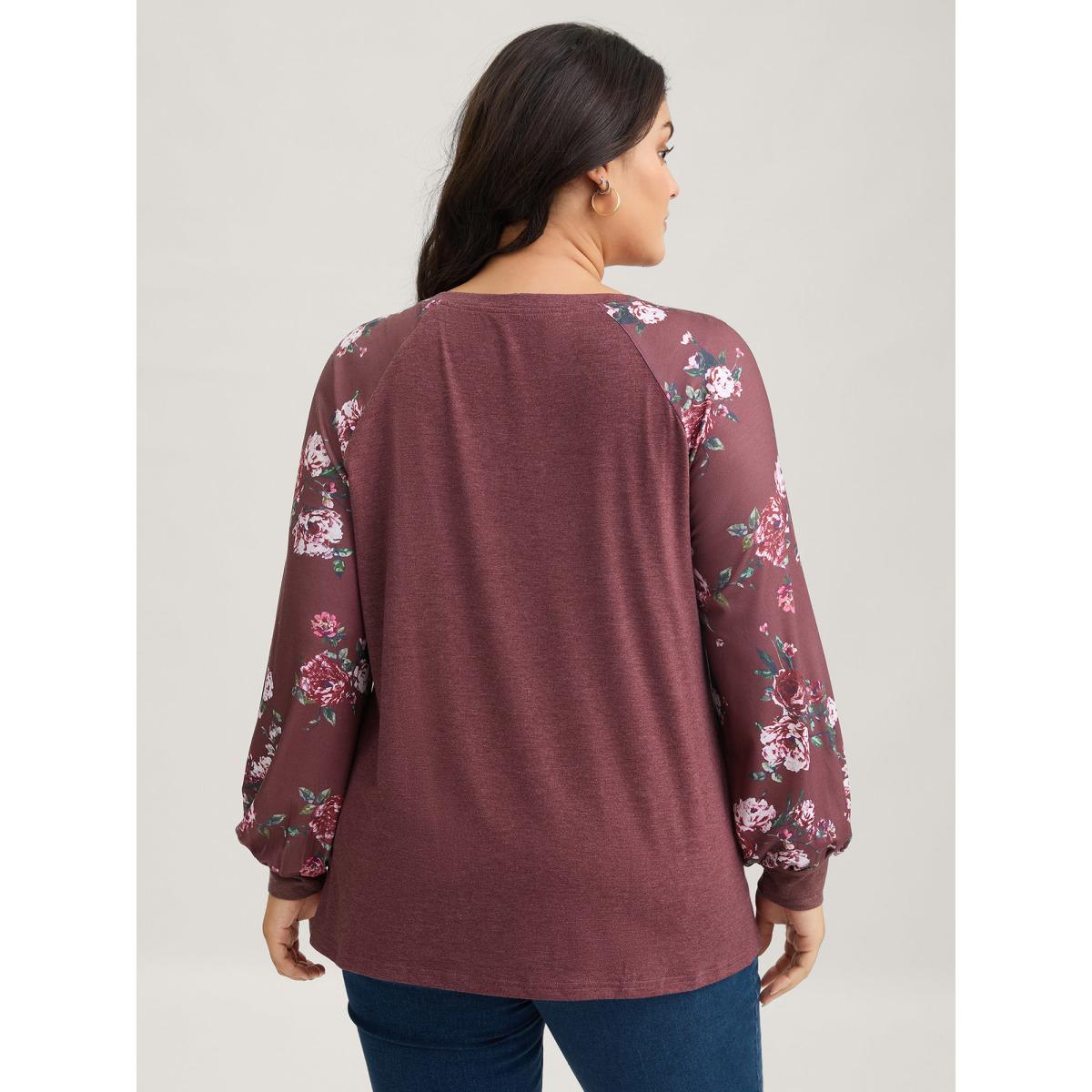 Plus Size Floral Patchwork Crew Neck Raglan Sleeve T-shirt Russet Women Elegant Printed Floral Round Neck Dailywear T-shirts BloomChic 26/4X Product Image
