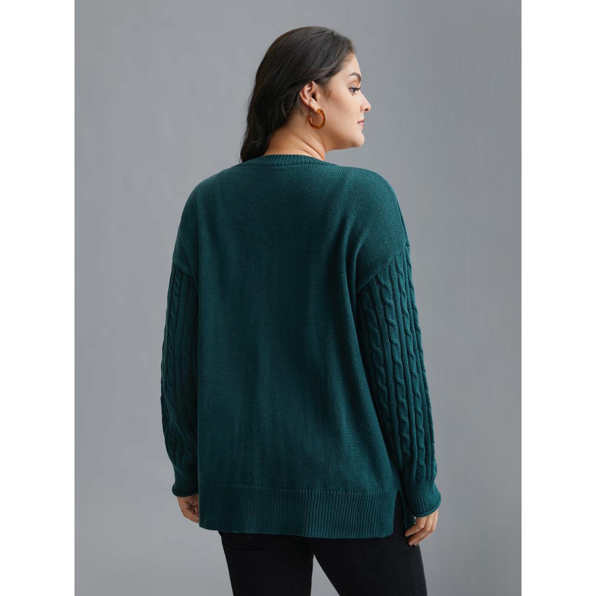 Plus Size Cable Knit Sleeve Chest Pocket Pullover Cyan Women Casual Loose Long Sleeve Round Neck Everyday Pullovers BloomChic 18-20/2X Product Image