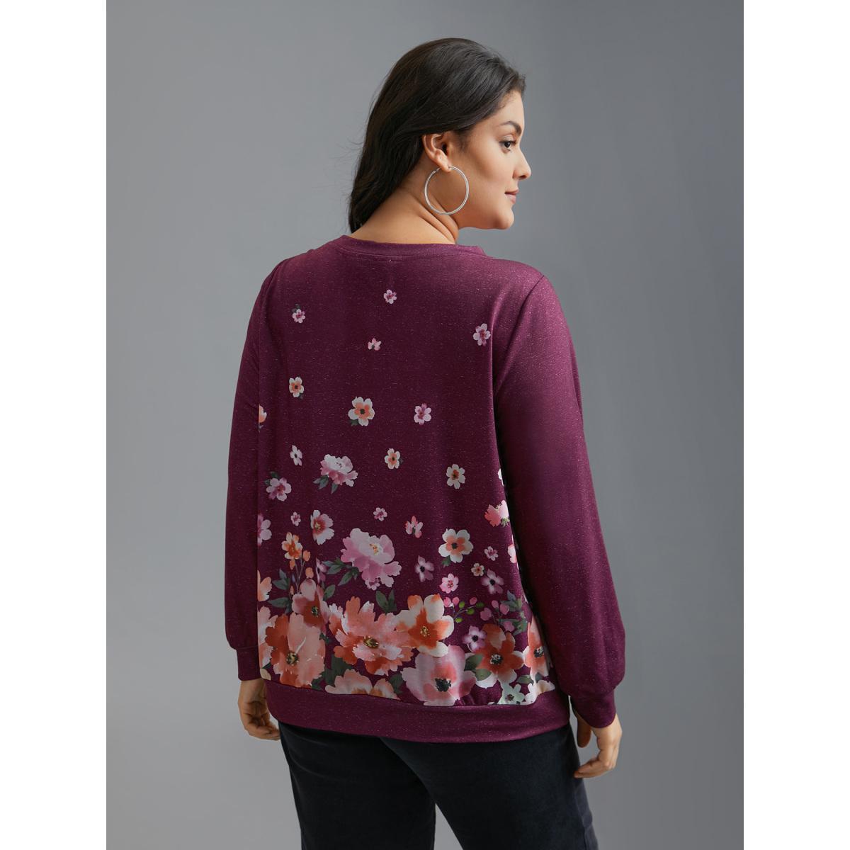 Plus Size Round Neck Floral Stretchy Sleeve Sweatshirt Women Deeppurplered Casual Non Round Neck Everyday Sweatshirts BloomChic 30/6X Product Image