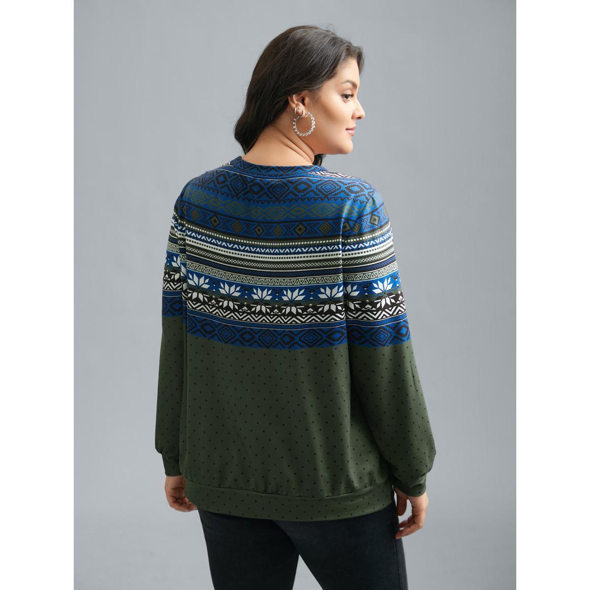 Plus Size Round Neck Geometric Polka Dot Patchwork Sweatshirt Women Multicolor Casual Contrast Round Neck Everyday Sweatshirts BloomChic 22-24/3X Product Image