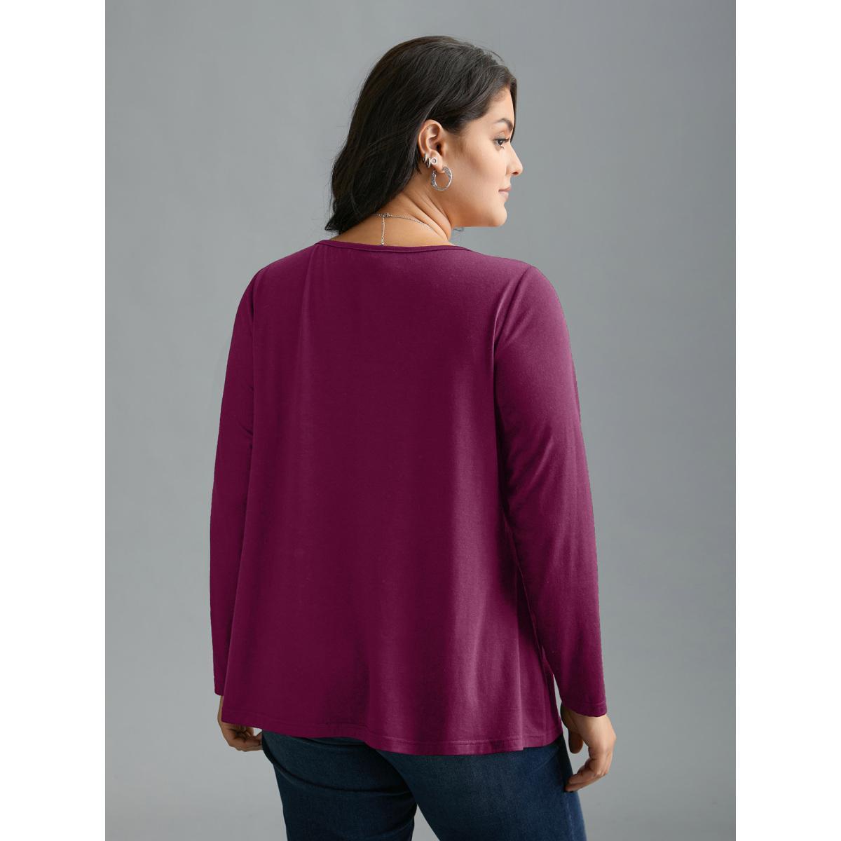 Plus Size Sequin Stretchy Long Sleeve T-shirt RedViolet Women Elegant Rhinestone detailing Heart neckline Everyday T-shirts BloomChic 26/4X Product Image