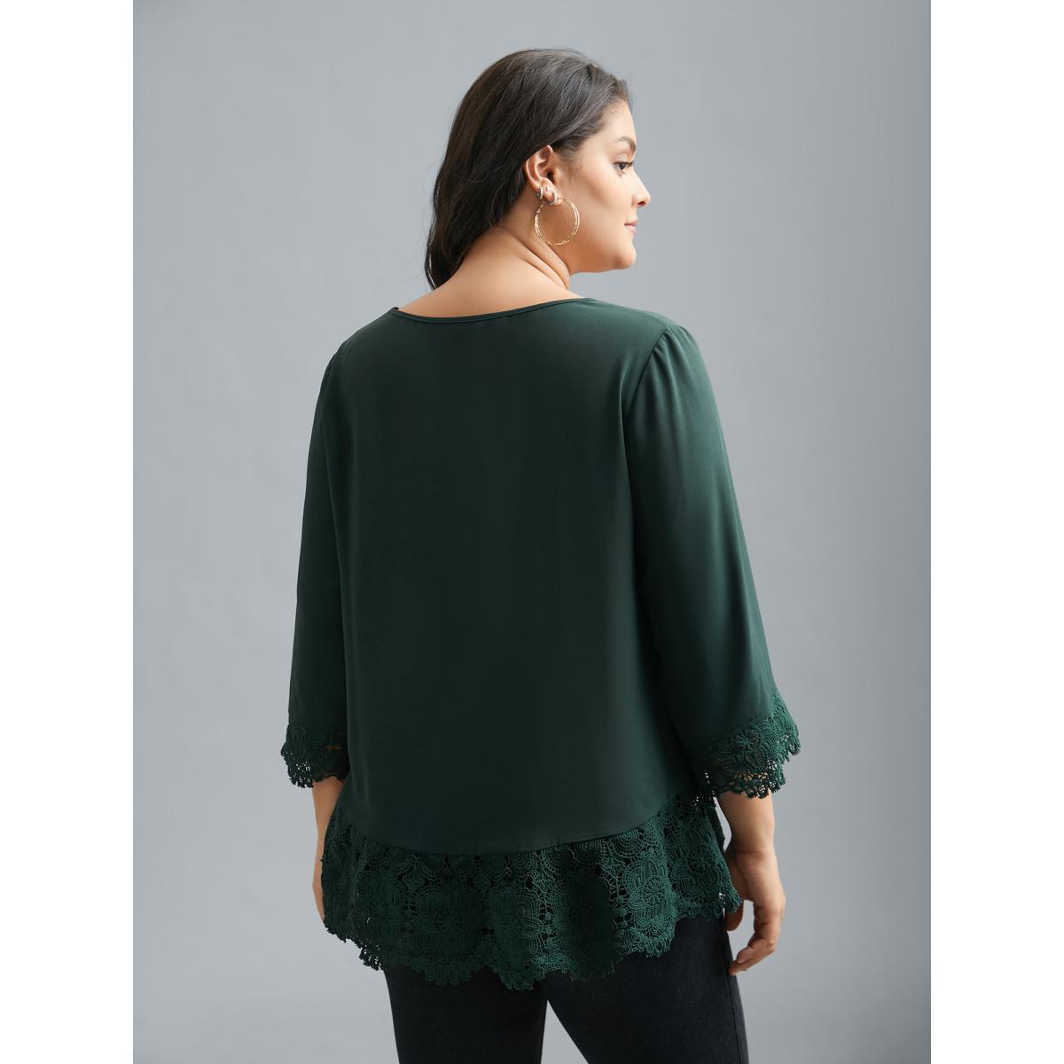 Plus Size DarkGreen V Neck Plicated Detail Contrast Lace Blouse Women Casual Elbow-length sleeve V-neck Everyday Blouses BloomChic 12/L Product Image