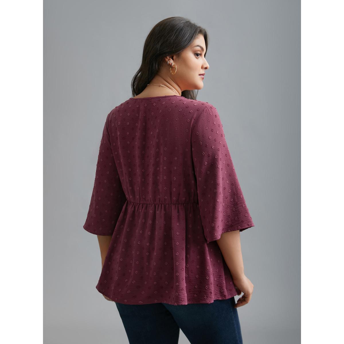 Plus Size Plum Ruffled Pleated Stretchy Waist Flowy Blouse Women Elegant Elbow-length sleeve V-neck Everyday Blouses BloomChic 18-20/2X Product Image