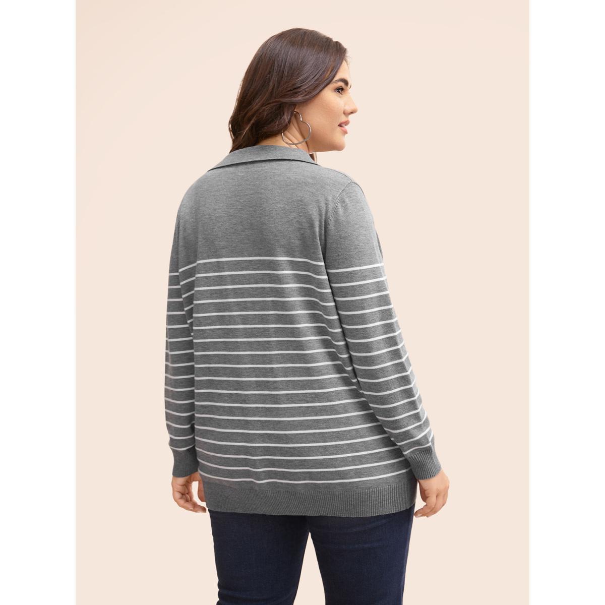 Plus Size Supersoft Essentials Striped Knit Pullover Mediumgray Women Workwear Essentials Three Quater Length Sleeve Polo Work Pullovers BloomChic 30/6X Product Image