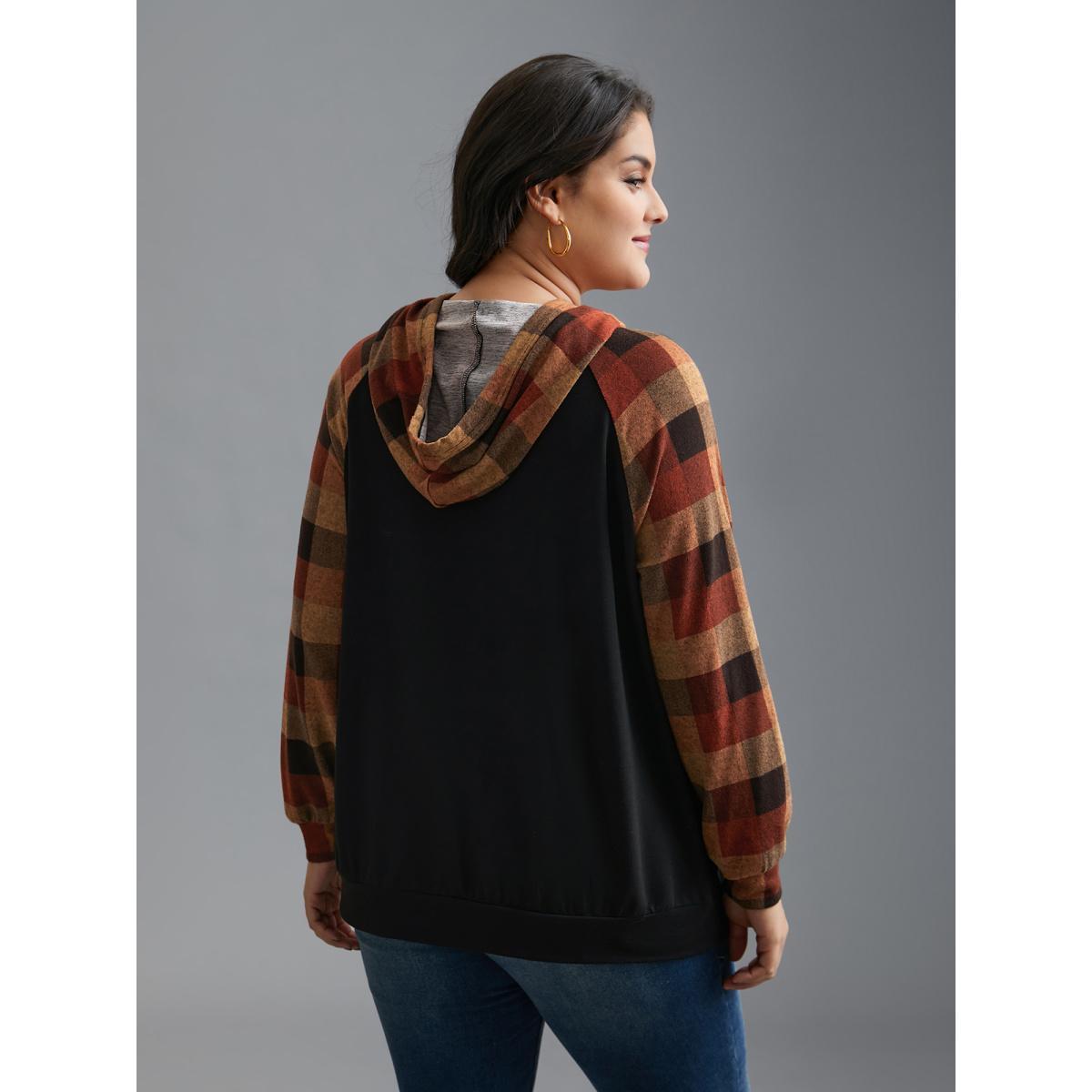 Plus Size Plaid Colorblock Contrast Hooded Drawstring Sweatshirt Women Black Casual Contrast Hooded Everyday Sweatshirts BloomChic 14-16/1X Product Image