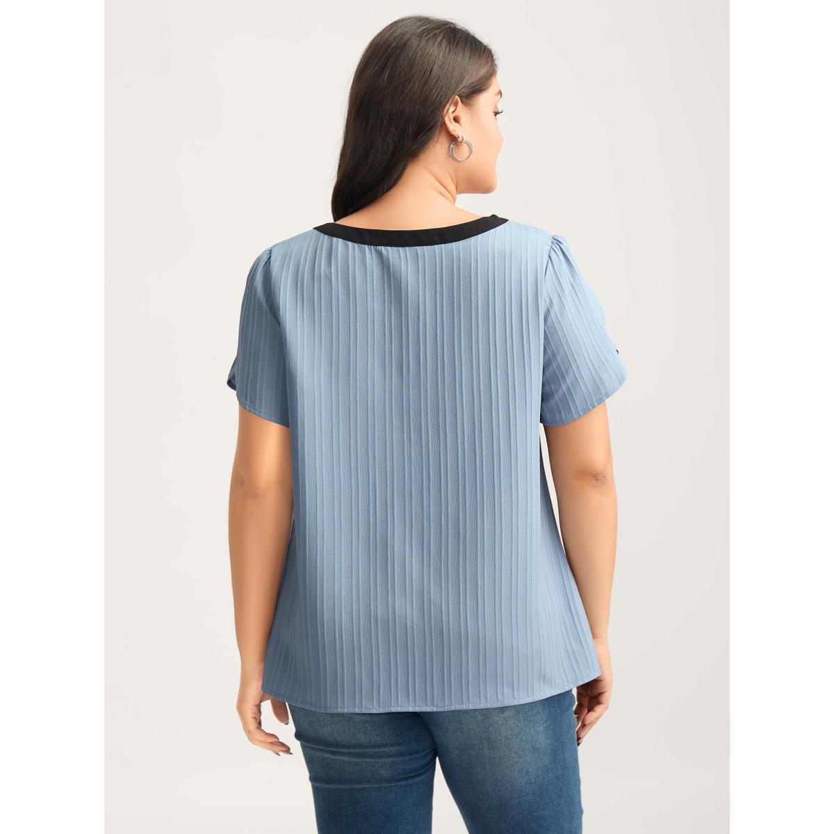 Plus Size Stone Textured Color Contrast Petal Sleeve Blouse Women Short sleeve Flat collar with V-notch Work Blouses BloomChic 12/L Product Image