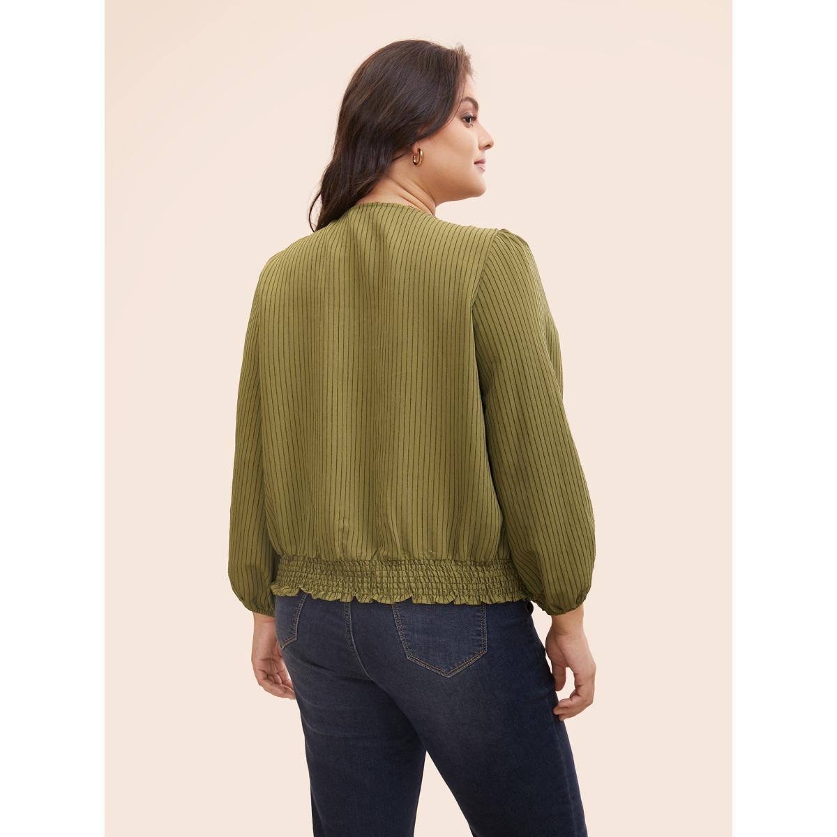 Plus Size ArmyGreen Striped Textured Overlap Collar Shirred Blouse Women Elegant Long Sleeve Overlap Collar Everyday Blouses BloomChic 10/M Product Image