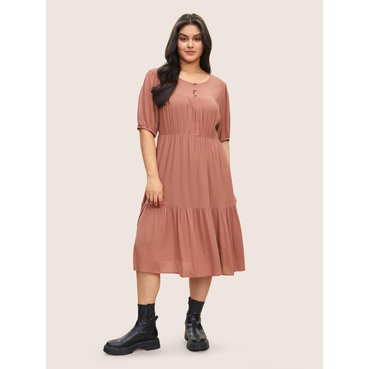 Plus Size Elastic Waist Patchwork Gathered Rayon Dress Russet Women Casual Non Round Neck Half Sleeve Curvy Midi Dress BloomChic 18-20/2X Product Image